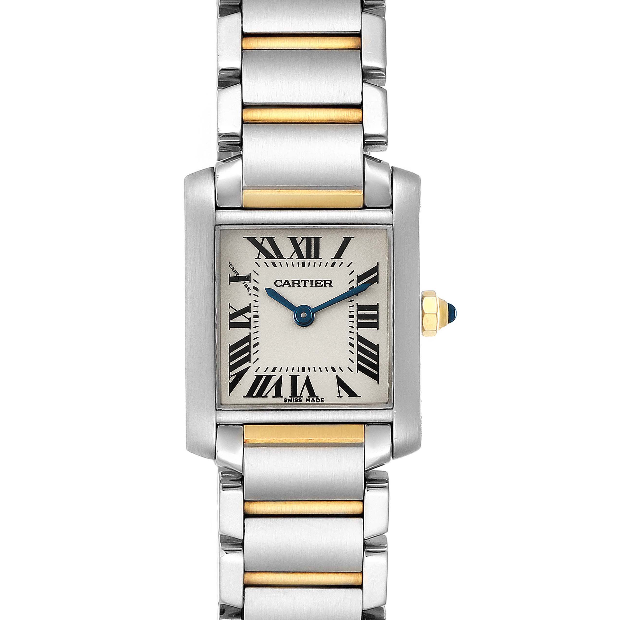 The image shows a frontal view of the Cartier Tank Francaise W51007Q4 Women's Steel and Gold (two tone) Silver Dial W51007Q4 Women's Steel and Gold (two tone) Silver Dial watch, highlighting its Roman numeral dial and two-tone bracelet.