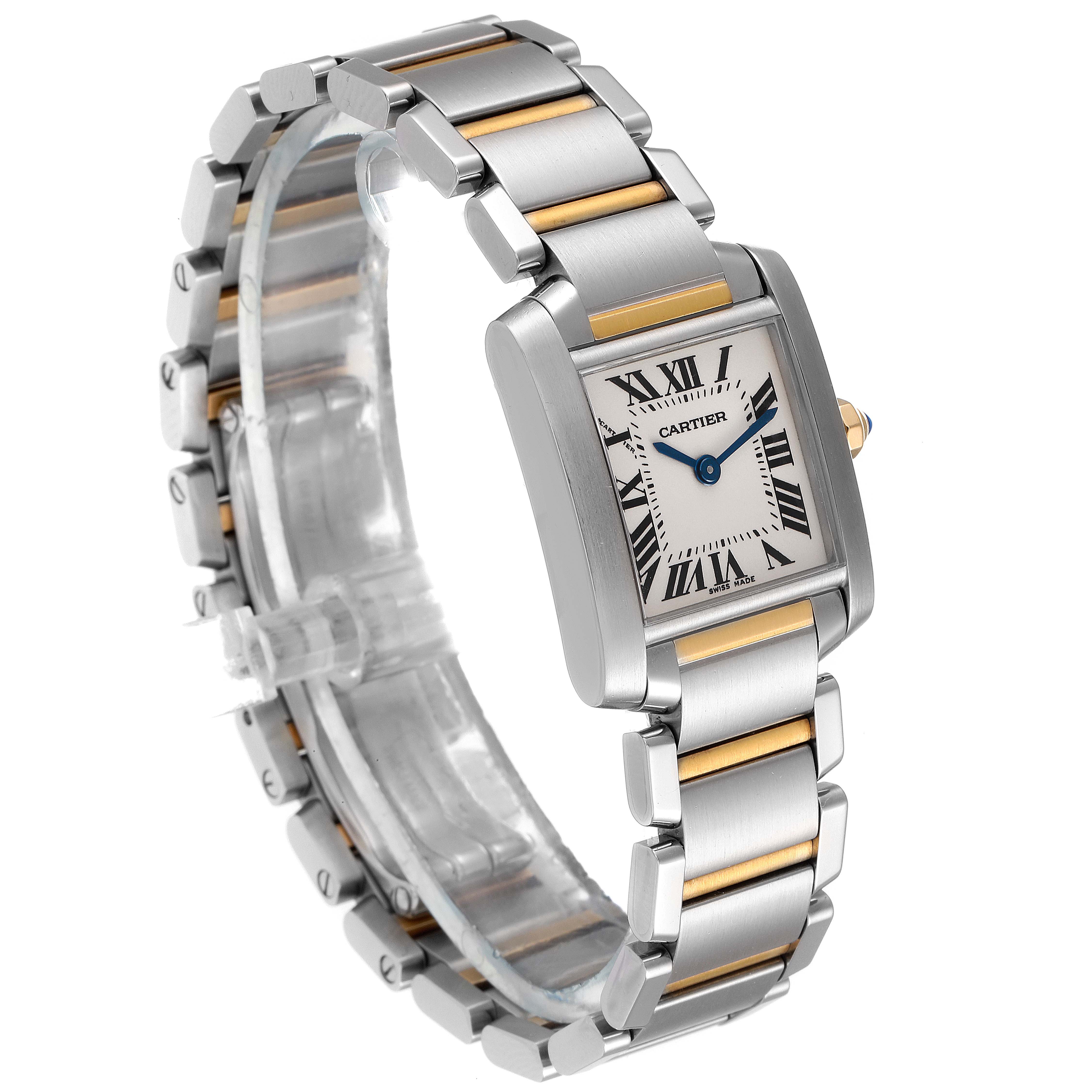 The Cartier Tank Francaise W51007Q4 Women's Steel and Gold (two tone) Silver Dial W51007Q4 Women's Steel and Gold (two tone) Silver Dial watch is shown at an angle highlighting its rectangular face and two-toned metal bracelet.