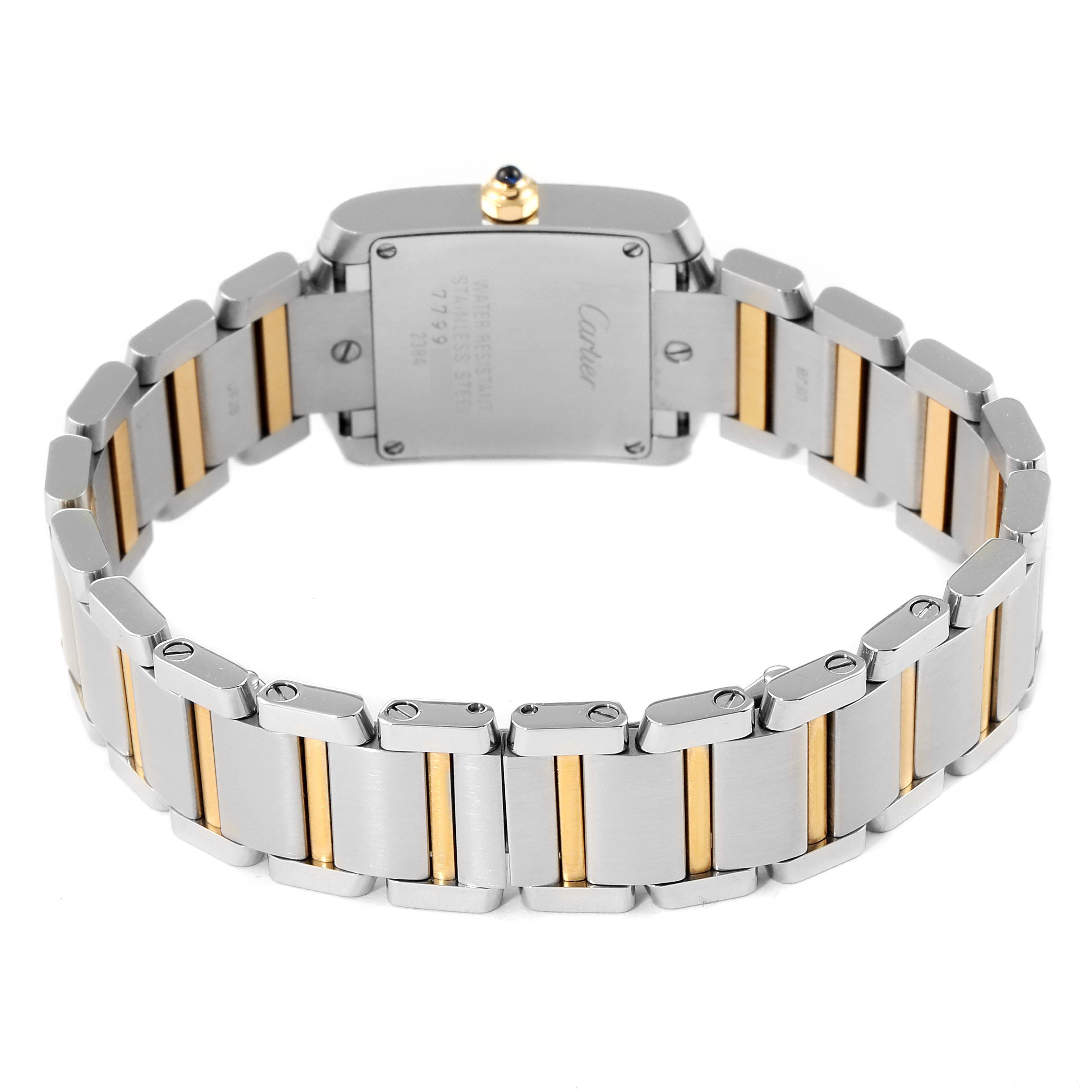 The Cartier Tank Francaise W51007Q4 Women's Steel and Gold (two tone) Silver Dial W51007Q4 Women's Steel and Gold (two tone) Silver Dial watch is shown from the back, displaying its case back and two-tone metal bracelet.