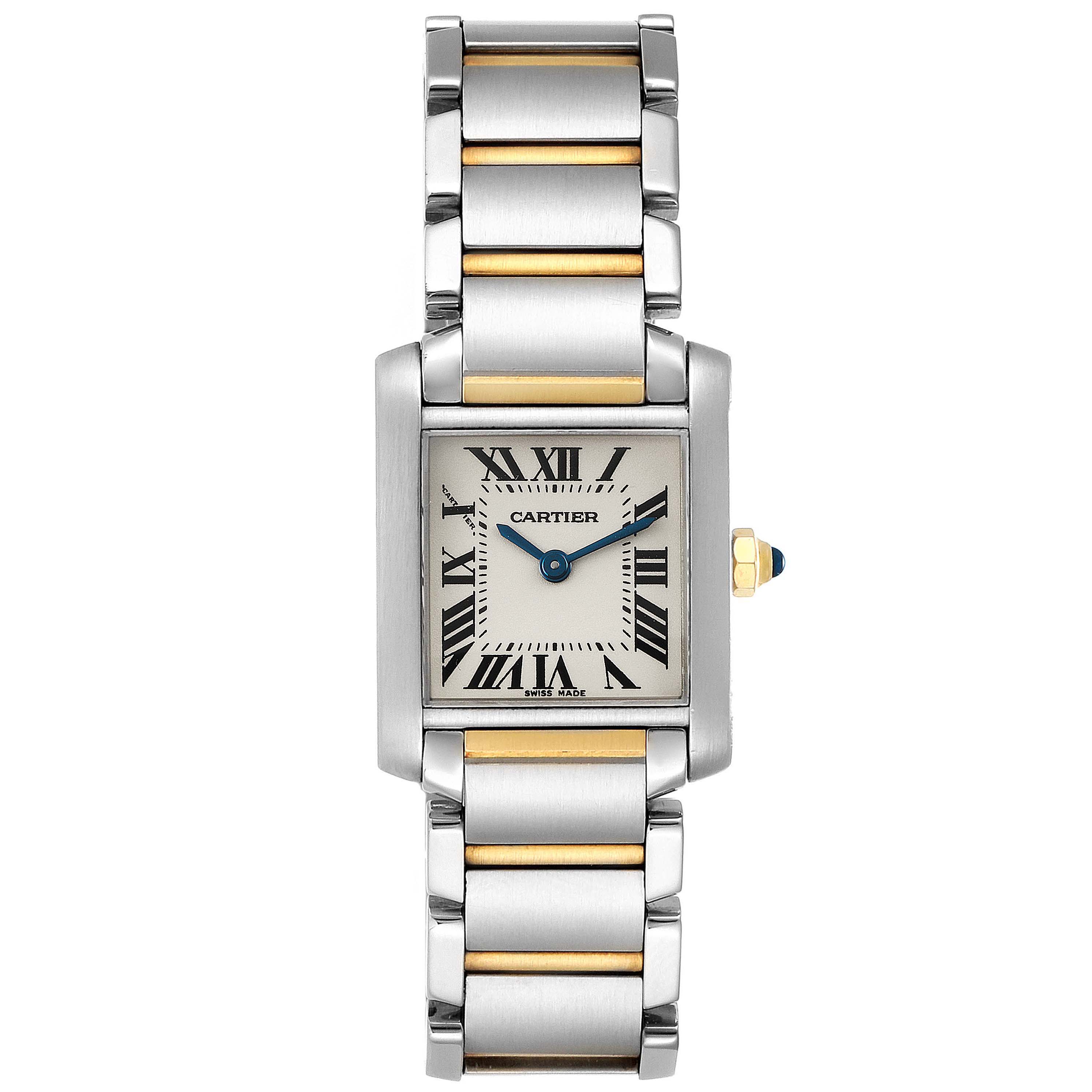 The image shows a Cartier Tank Française watch, viewed from the front, displaying the face and the metal bracelet.