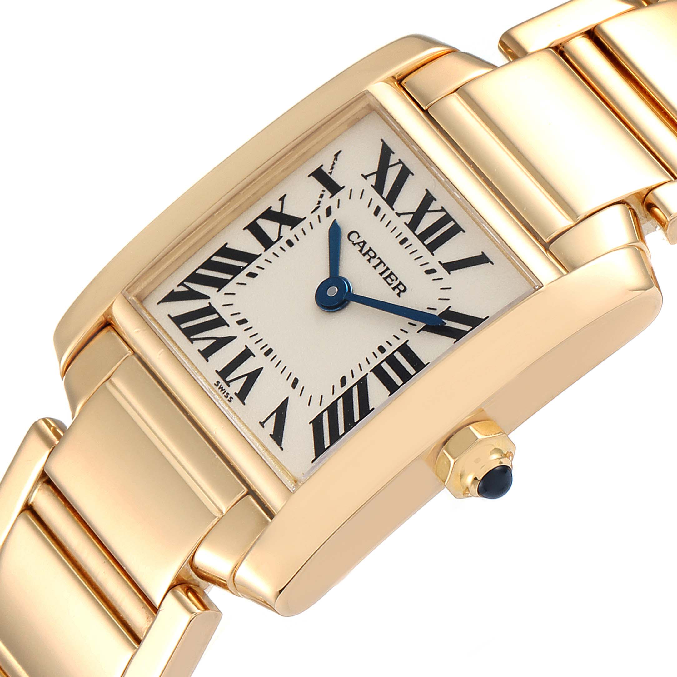 The image shows an angled view of the Cartier Tank Francaise W50002N2 Women's Yellow Gold Silver Dial W50002N2 Women's Yellow Gold Silver Dial watch, highlighting the dial, Roman numerals, hands, and part of the bracelet.