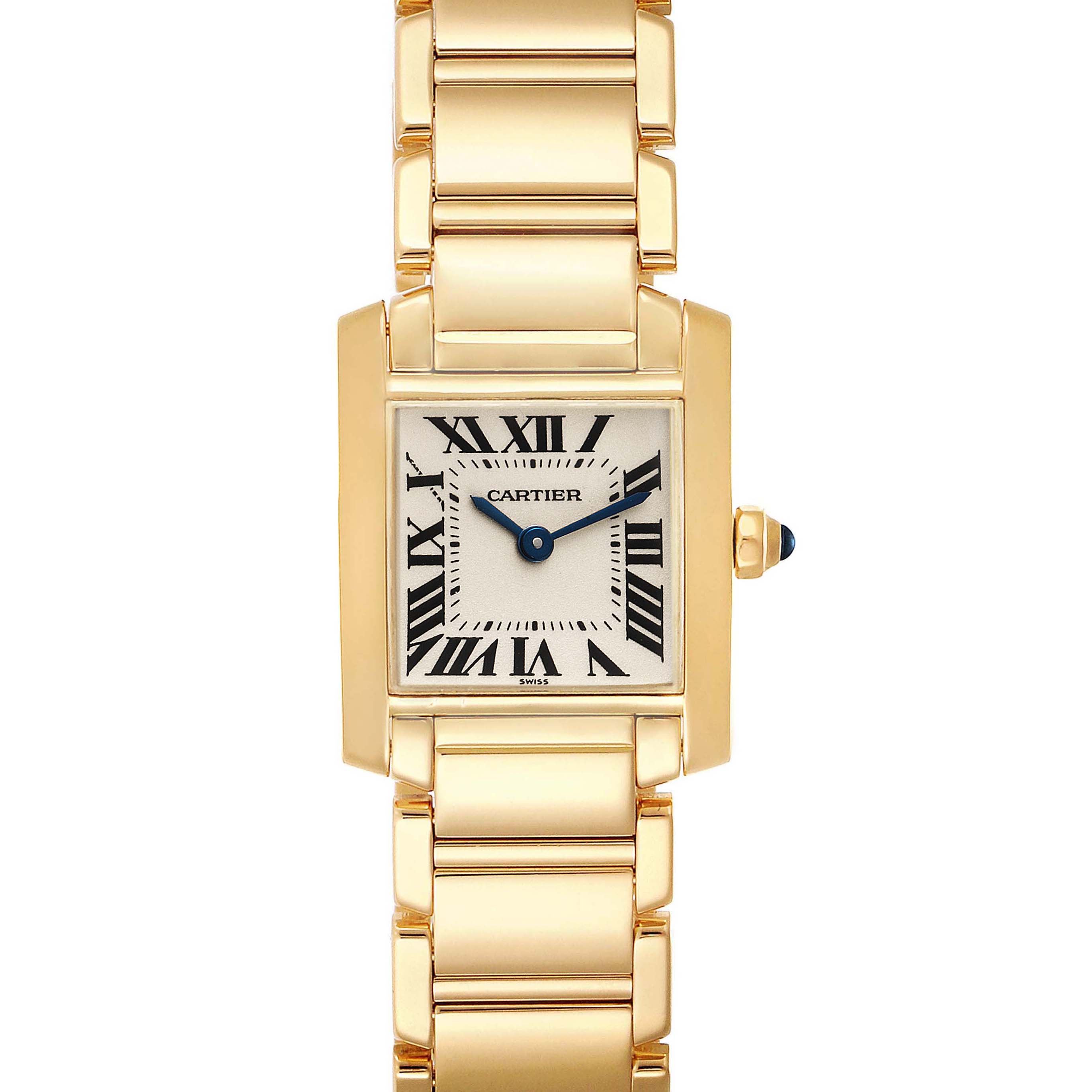 The image shows a frontal view of a Cartier Tank Francaise W50002N2 Women's Yellow Gold Silver Dial W50002N2 Women's Yellow Gold Silver Dial watch featuring its rectangular dial and linked bracelet.