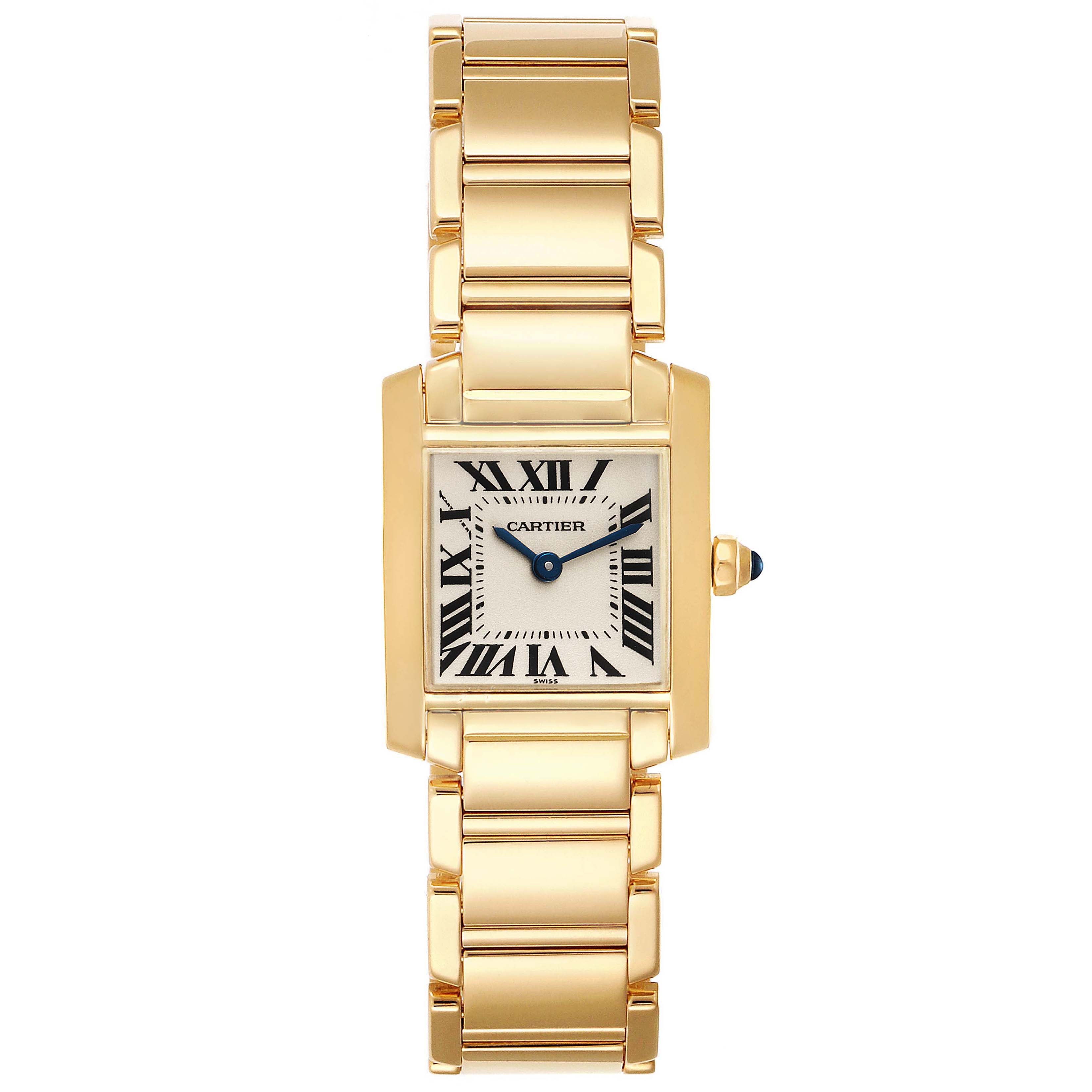 The image shows a frontal view of the Cartier Tank Française watch, highlighting its gold bracelet, rectangular case, and Roman numeral dial.