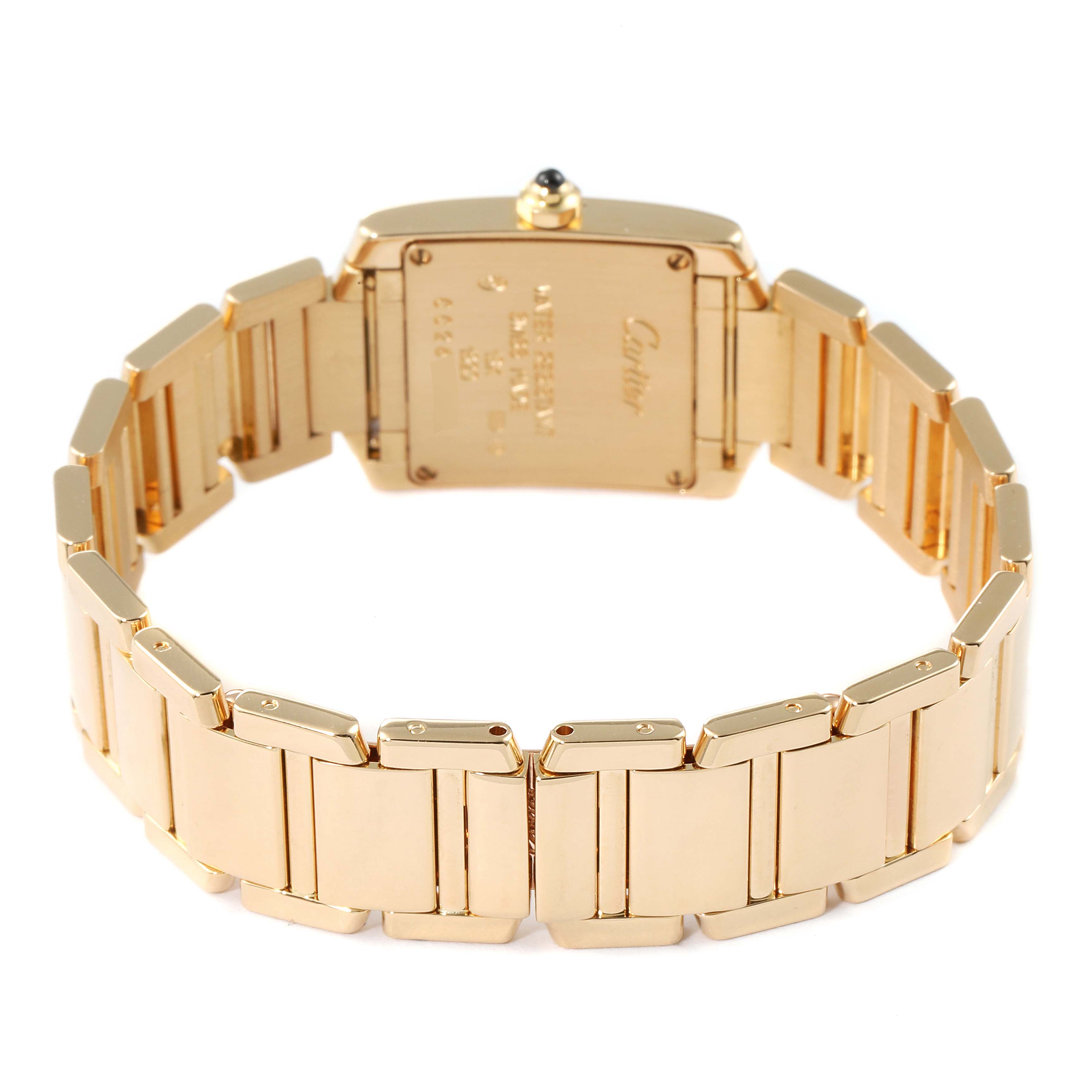 This image shows the back view of a Cartier Tank Francaise W50002N2 Women's Yellow Gold Silver Dial W50002N2 Women's Yellow Gold Silver Dial watch, highlighting the bracelet and case back.