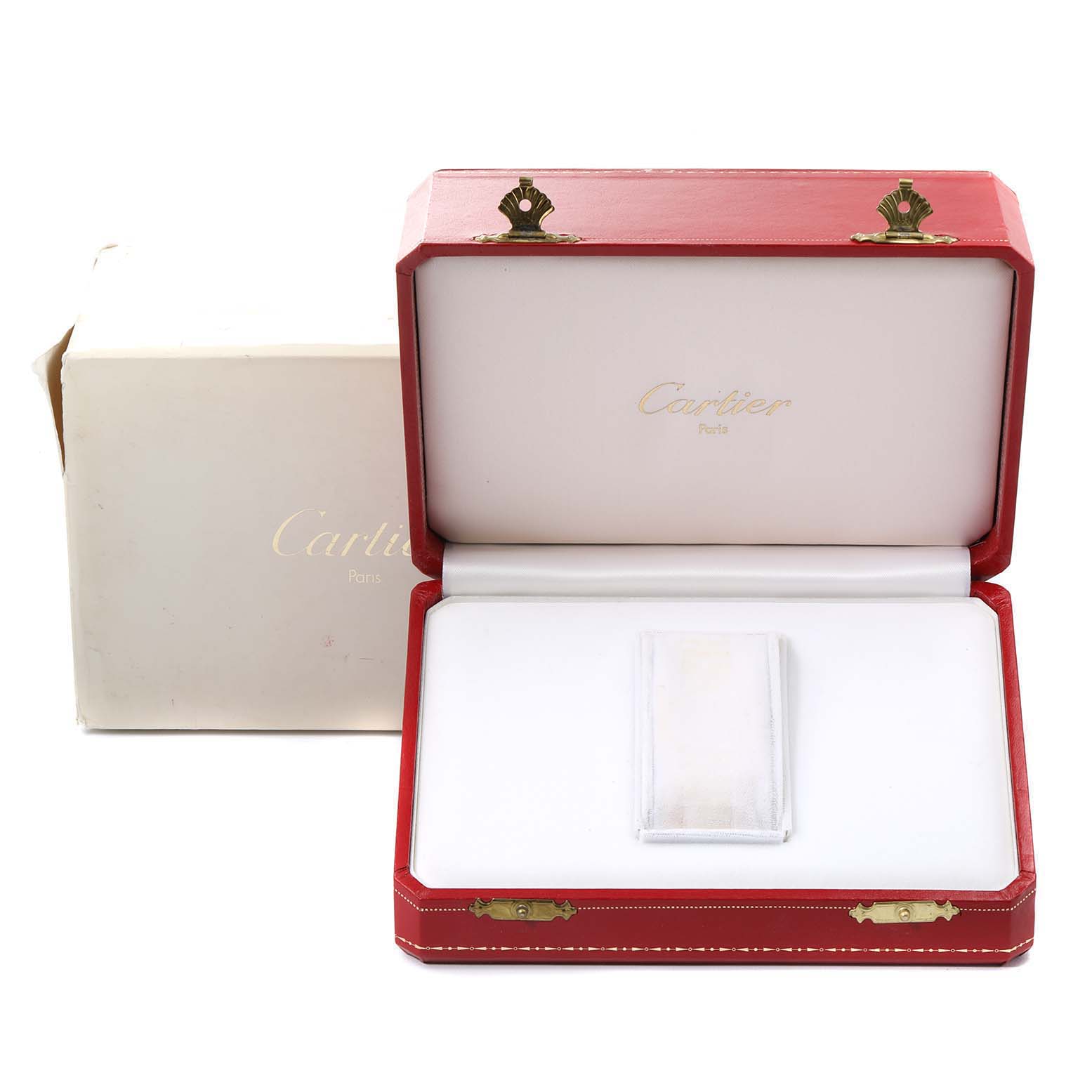 A Cartier Tank Francaise W50002N2 Women's Yellow Gold Silver Dial W50002N2 Women's Yellow Gold Silver Dial watch box is shown open at a front angle, revealing the interior and a white cushion.