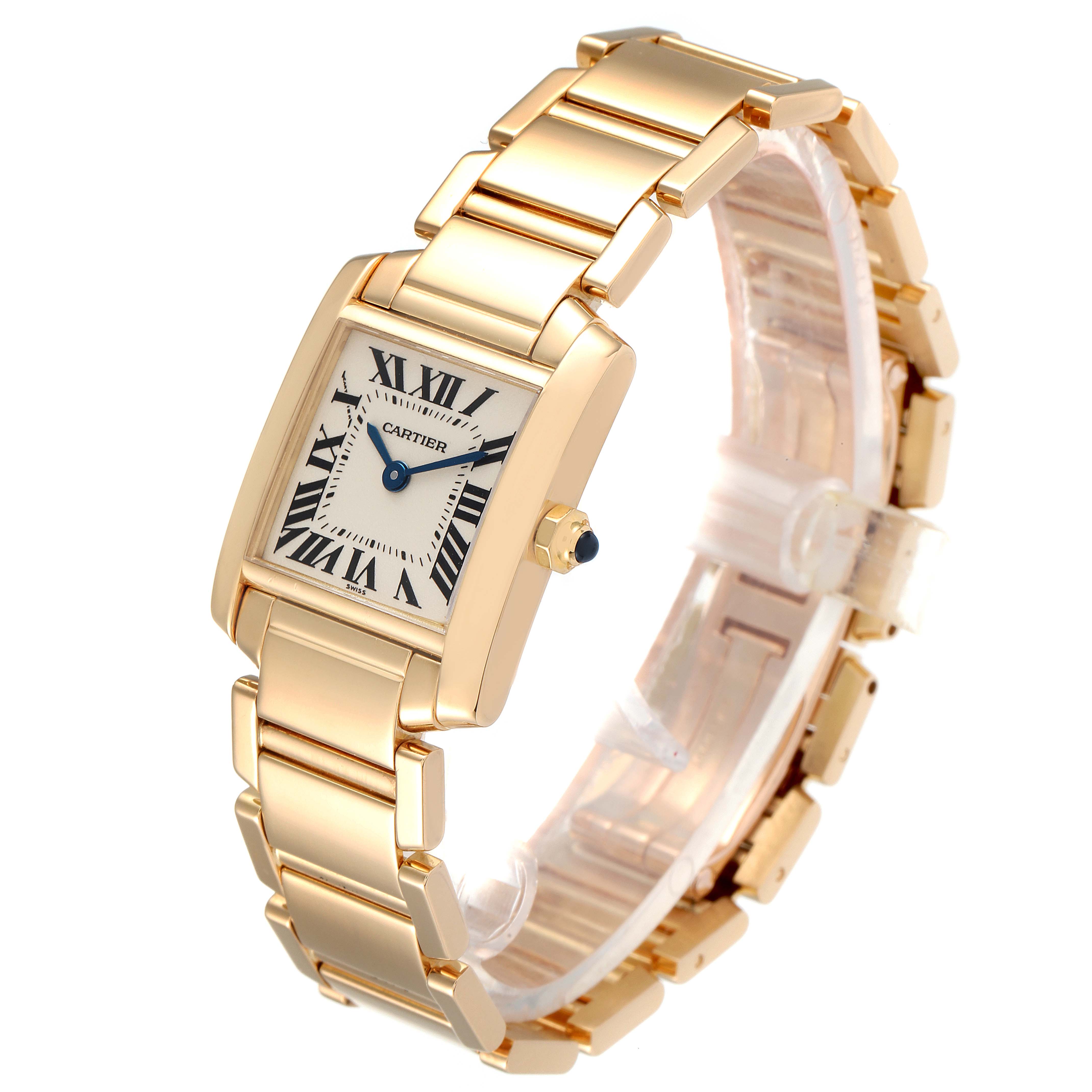 The image shows a Cartier Tank Francaise W50002N2 Women's Yellow Gold Silver Dial W50002N2 Women's Yellow Gold Silver Dial watch angled to display its gold case, bracelet, and Roman numeral dial.