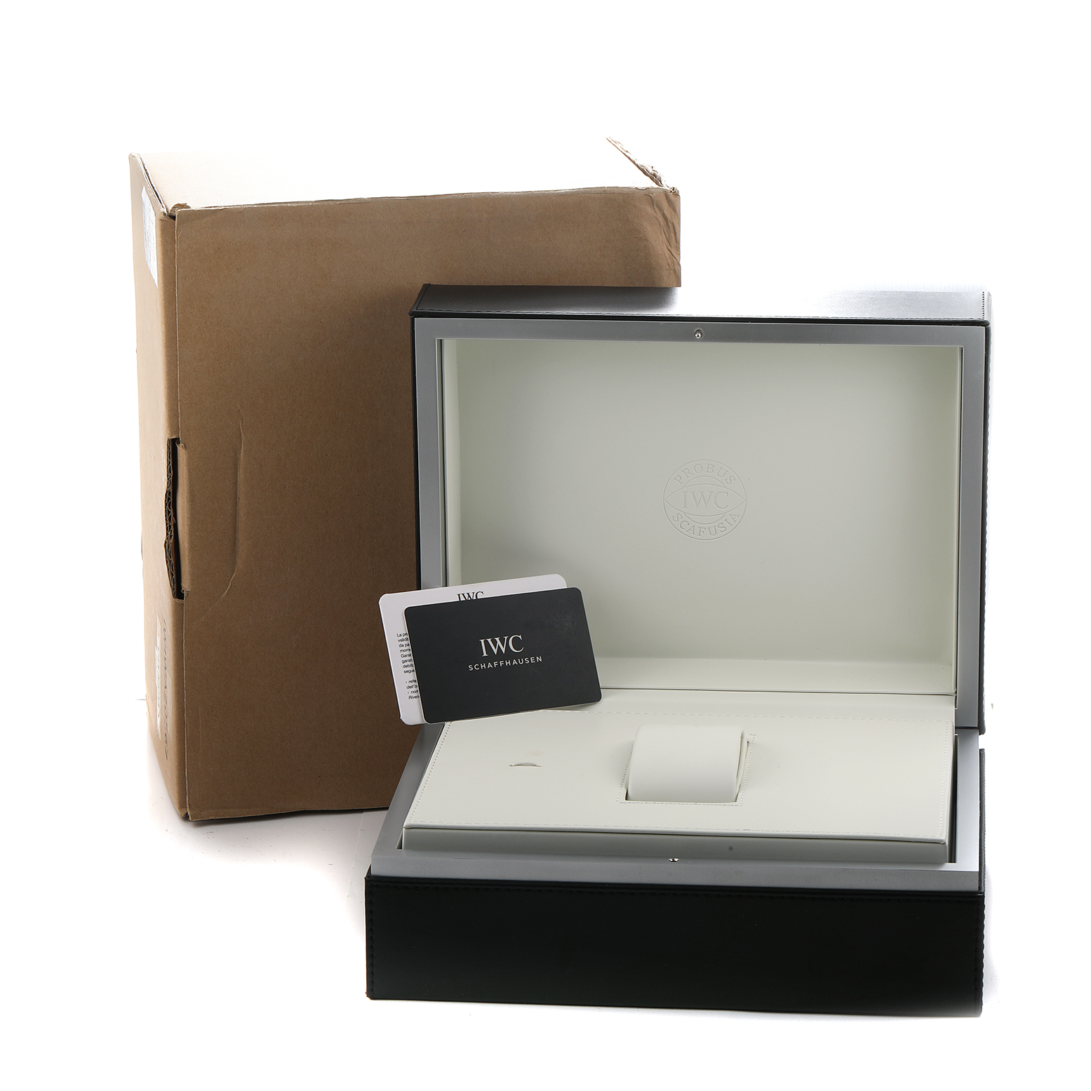The image shows an open IWC Portuguese IW397204 Men's Rose Gold Blue Dial watch box with documentation inside, viewed from the front.