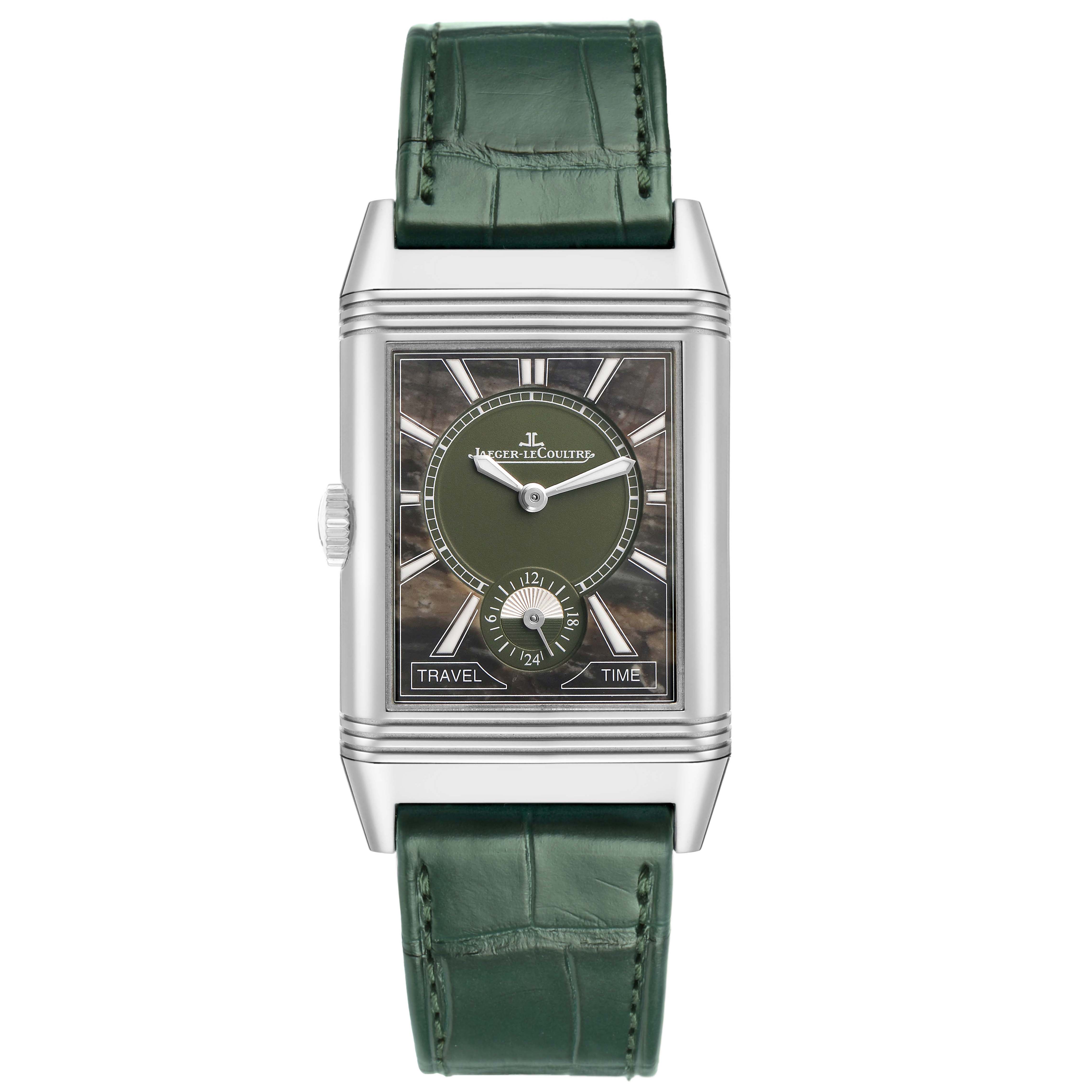 The Jaeger LeCoultre Reverso Q38484AF Men's Stainless Steel Green Dial watch is shown from the front, displaying the dial, hands, and green leather strap.