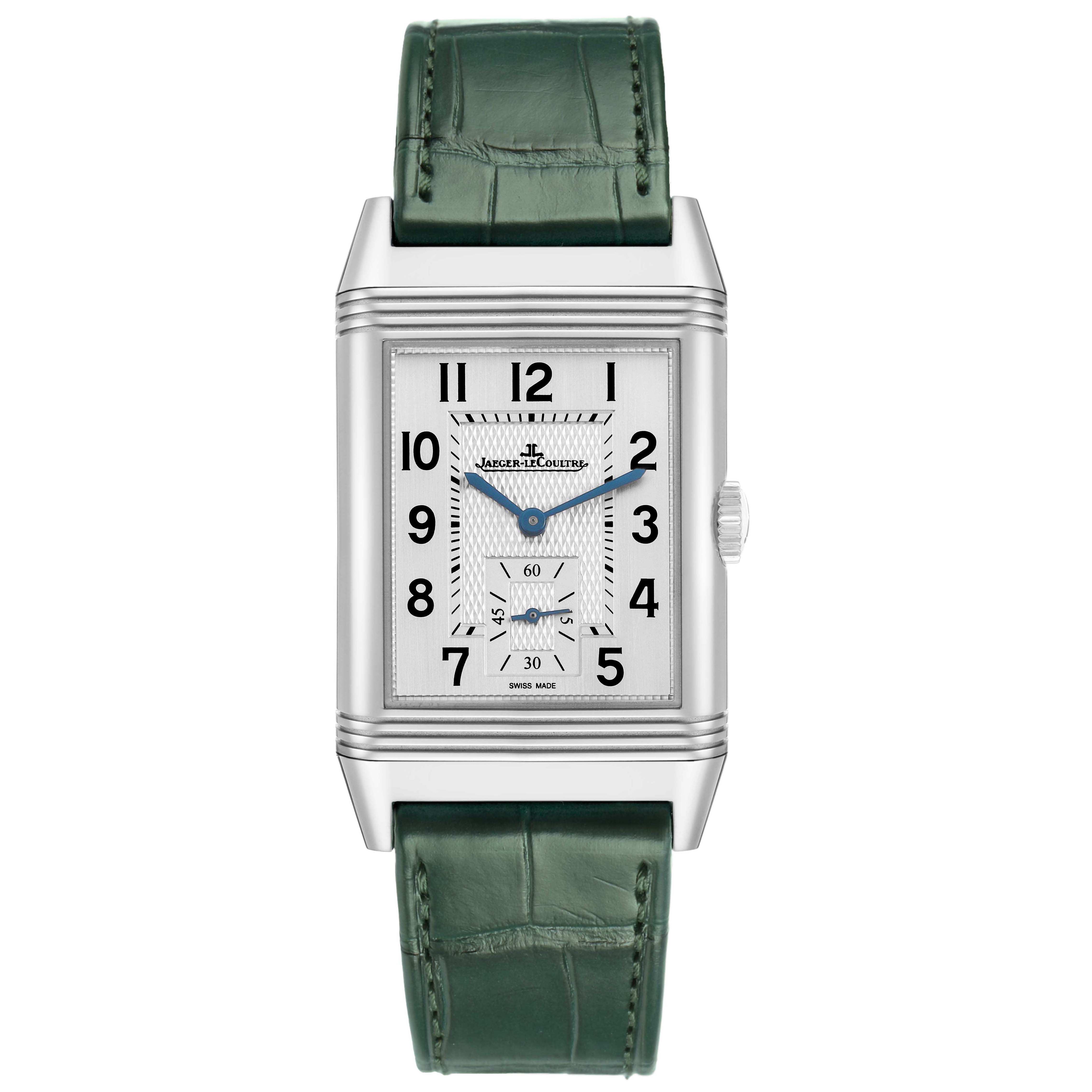 The Jaeger-LeCoultre Reverso watch is shown from the front, displaying the dial, blue hands, and green leather strap.