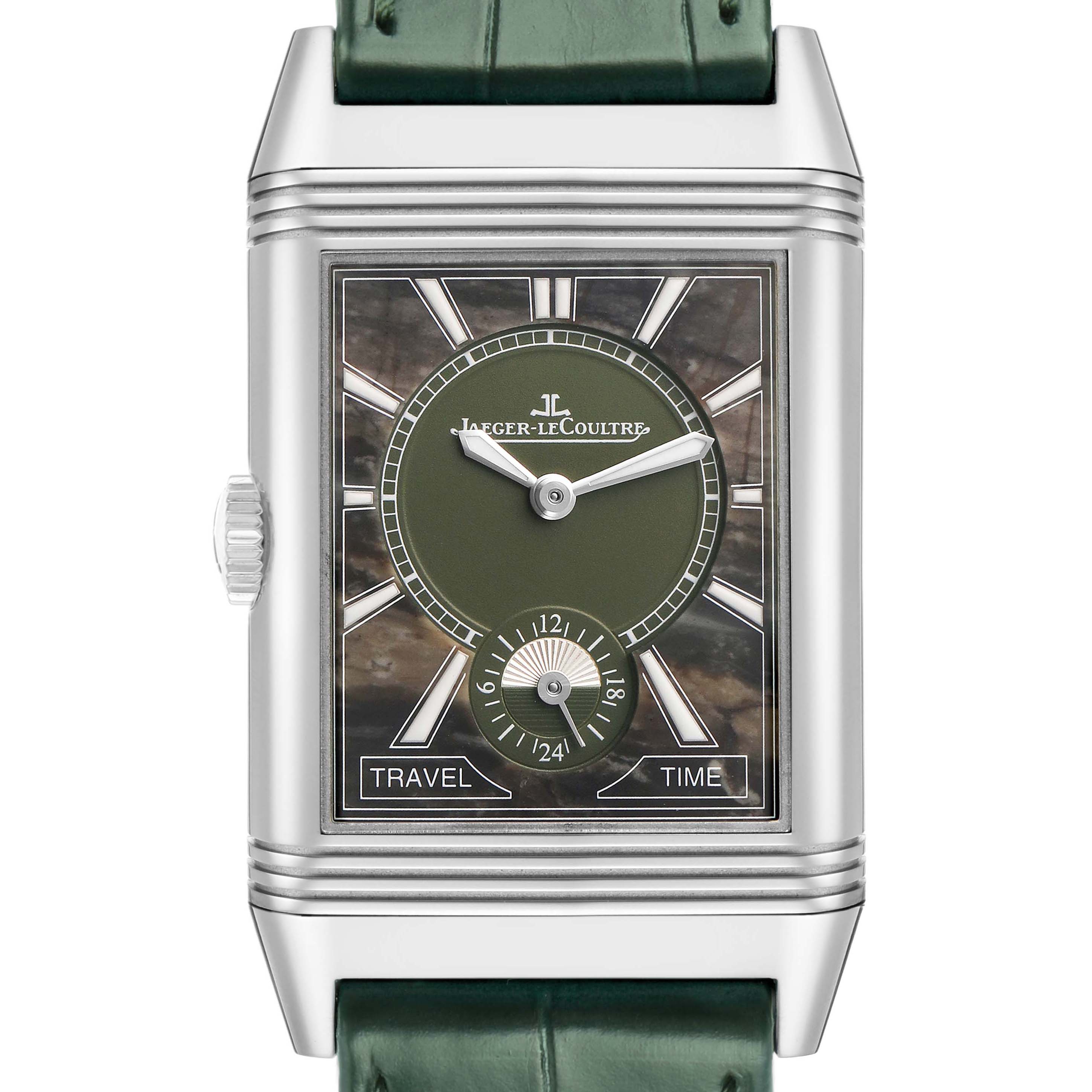 The image shows the front view of a Jaeger LeCoultre Reverso Q38484AF Men's Stainless Steel Green Dial watch, highlighting its face, hands, crown, and strap.