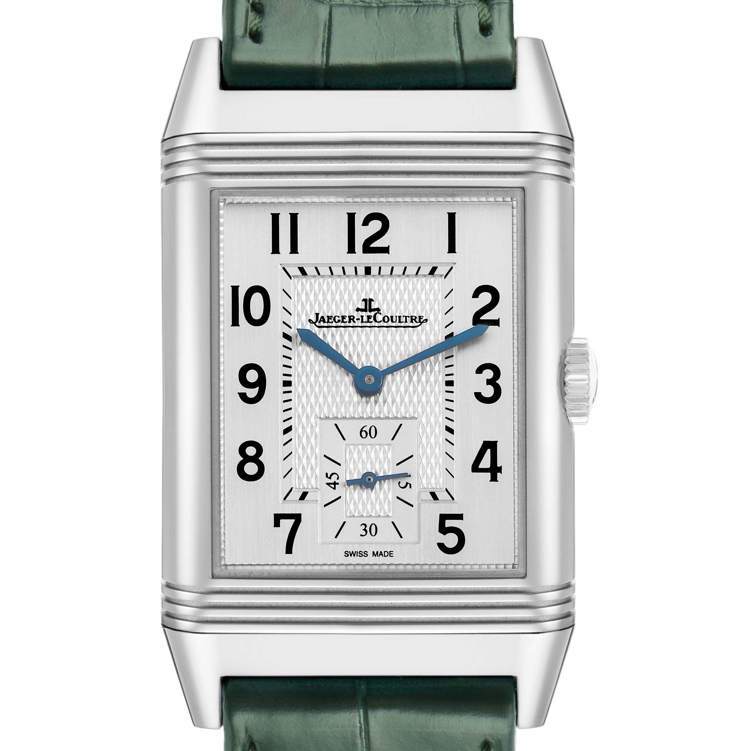 The Jaeger LeCoultre Reverso Q38484AF Men's Stainless Steel Green Dial watch is shown from the front, highlighting its rectangular face and green leather strap.