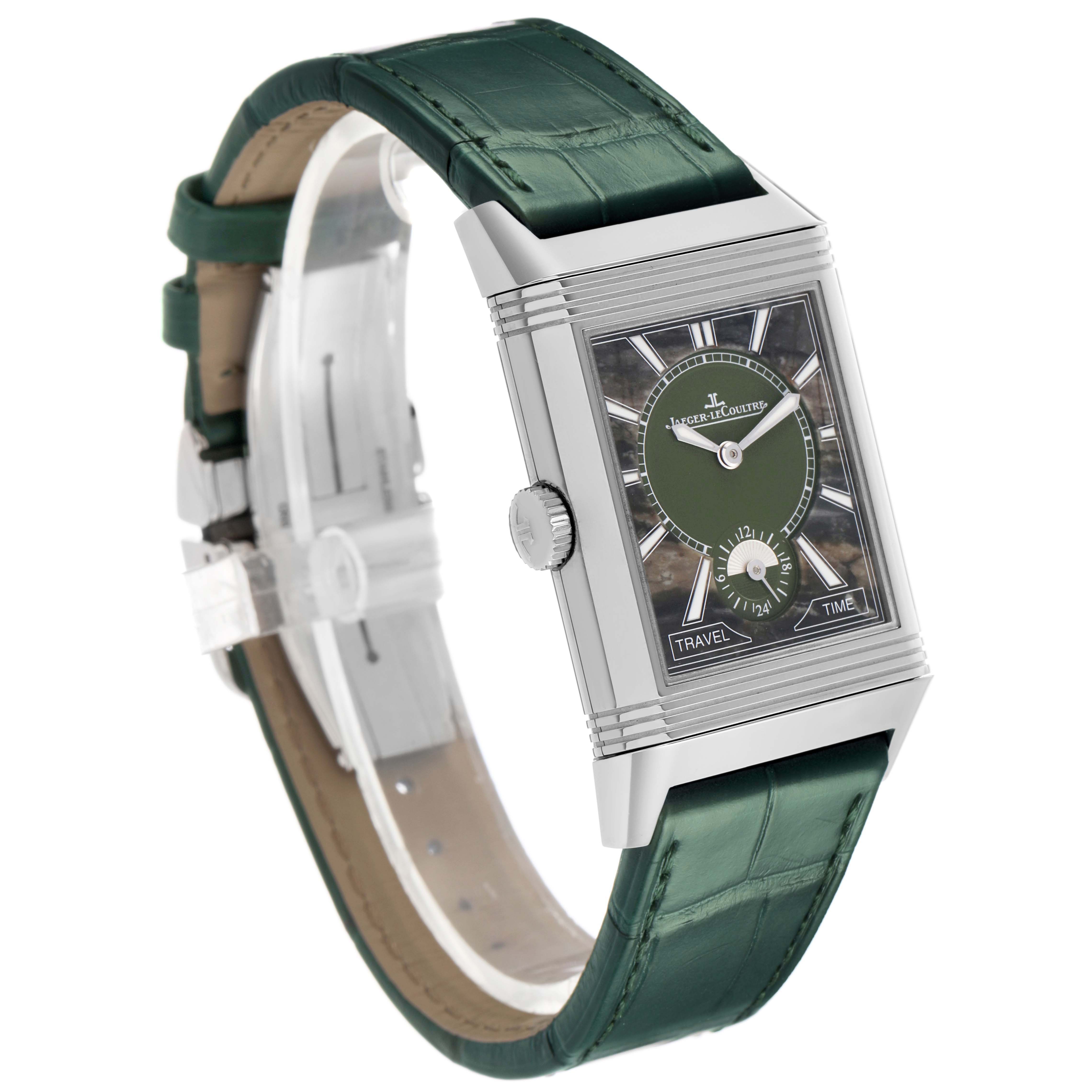 The Jaeger-LeCoultre Reverso watch is shown at an angled side view, displaying the green dial, strap, and crown prominently.