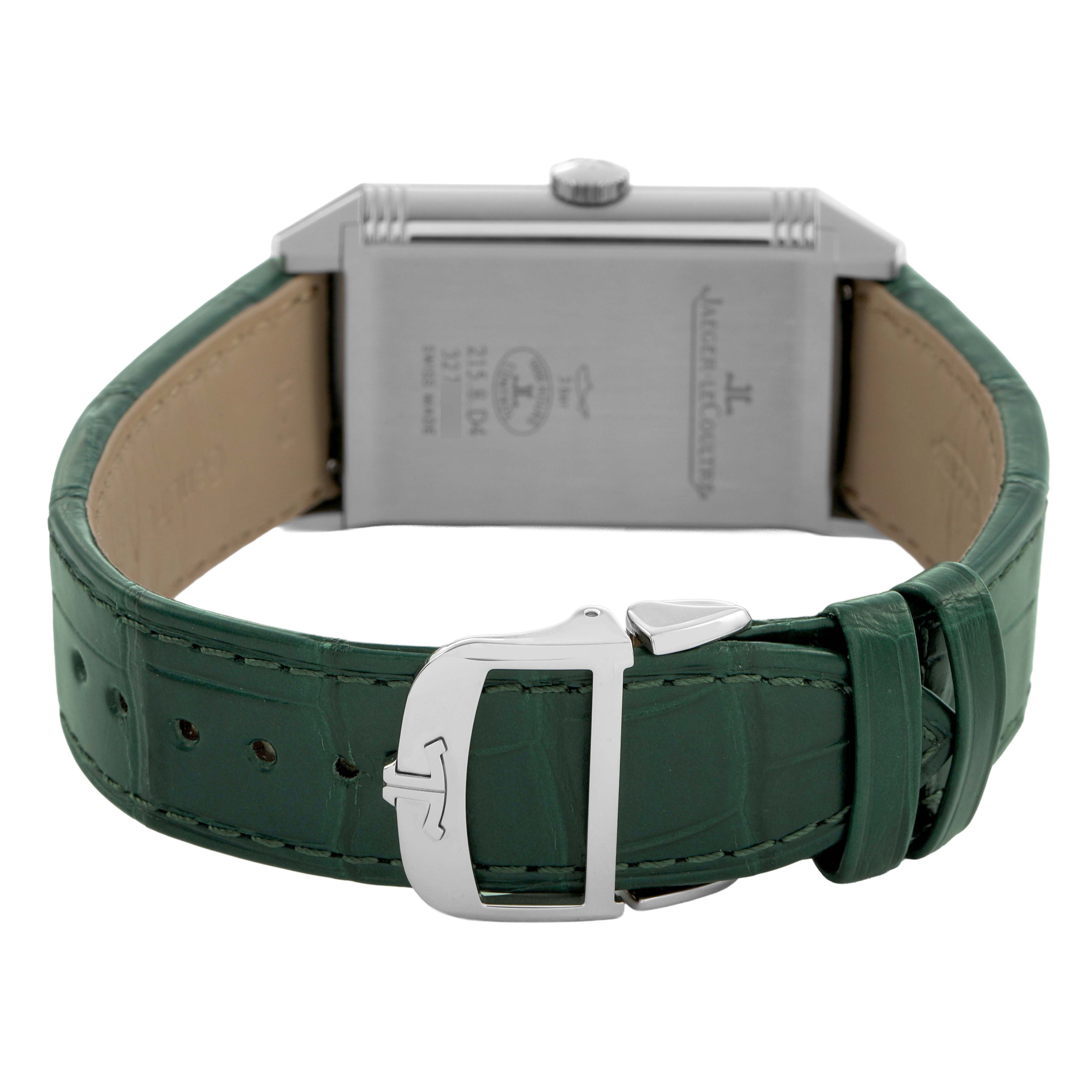 The image shows the back of the Jaeger LeCoultre Reverso Q38484AF Men's Stainless Steel Green Dial watch, highlighting its clasp and green leather strap.