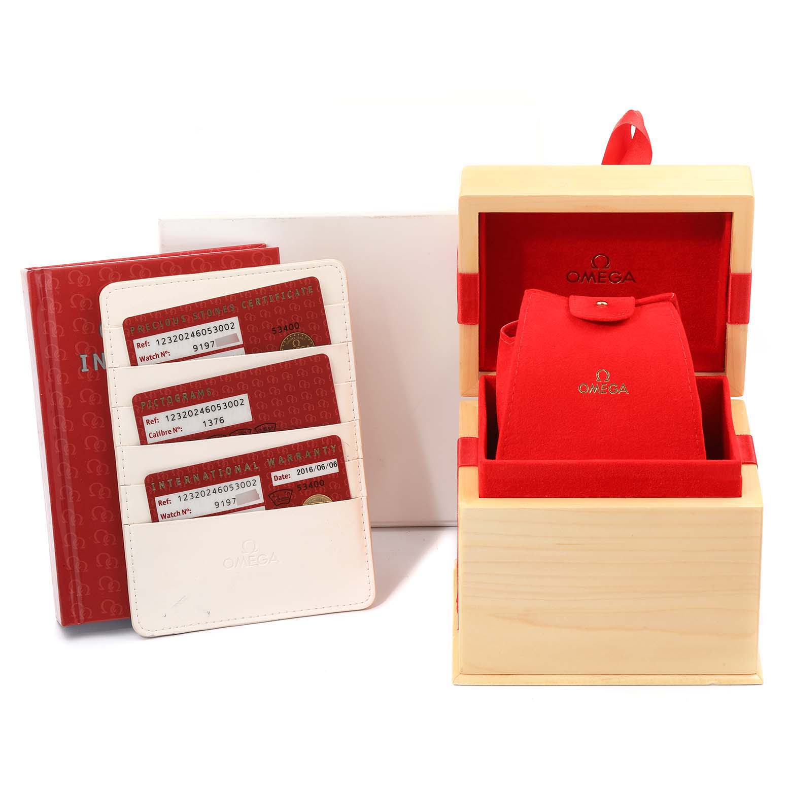 The image shows the box, card holder with cards, and booklet of the Omega 123.20.24.60.53.002 Women
s Stainless Steel Blue Dial 123.20.24.60.53.002 Women
s Stainless Steel Blue Dial Constellation Steel Blue Diamond Dial Watch 123.20.24.60.53.002.