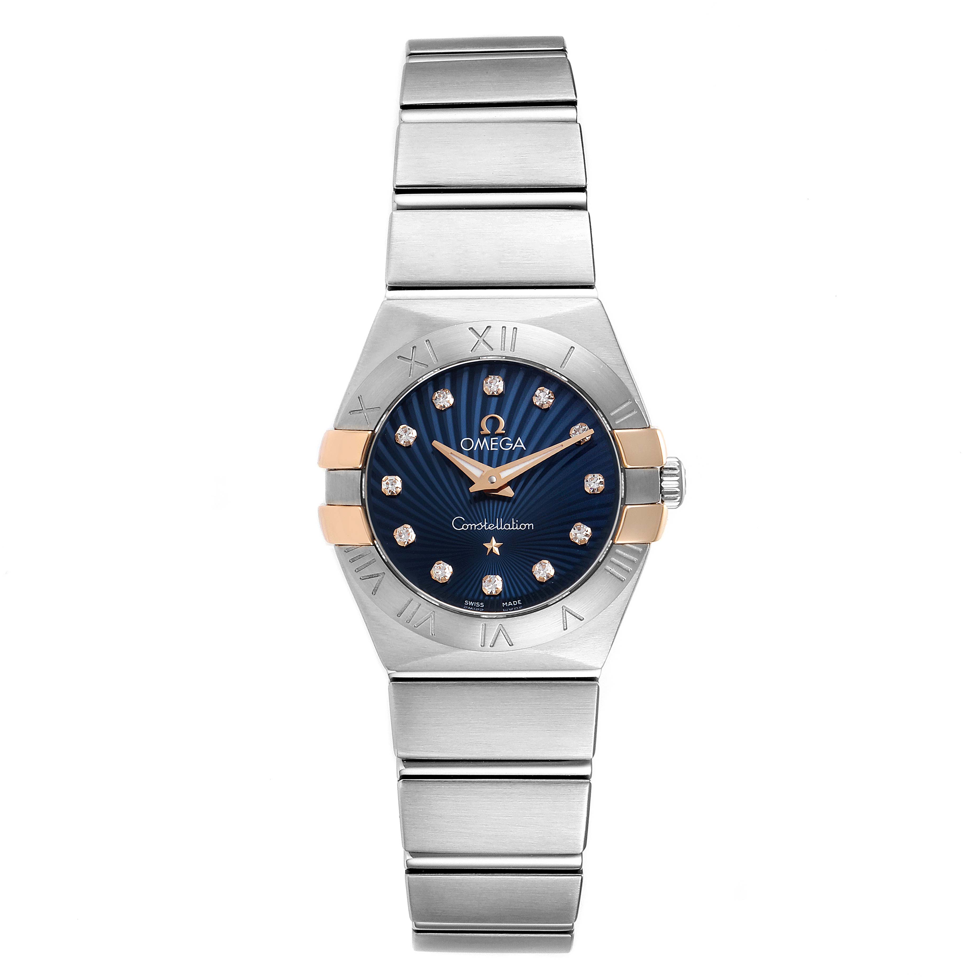 This image shows the front view of the Omega 123.20.24.60.53.002 Women
s Stainless Steel Blue Dial 123.20.24.60.53.002 Women
s Stainless Steel Blue Dial Constellation Steel Blue Diamond Dial Watch 123.20.24.60.53.002.