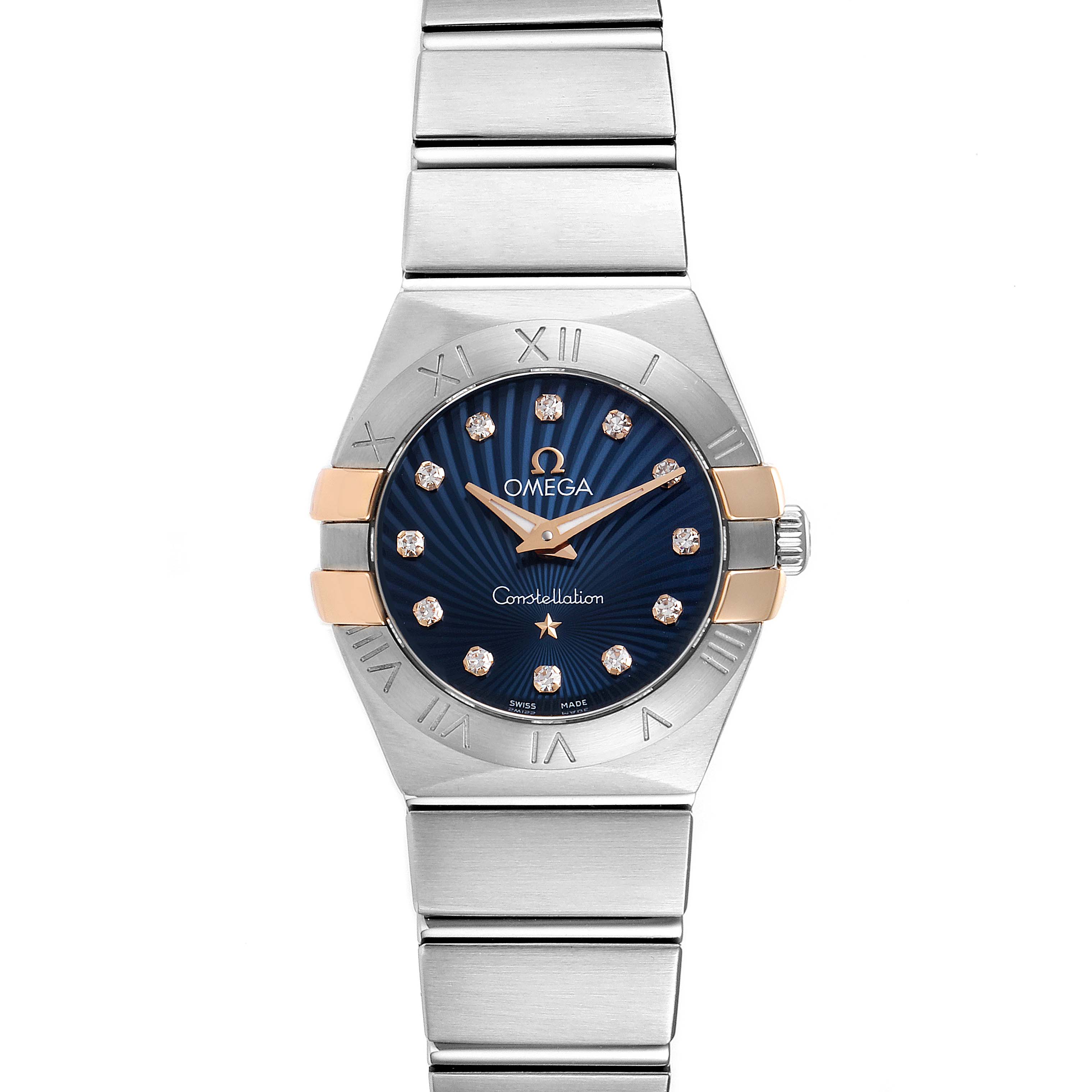The image shows a front view of the Omega 123.20.24.60.53.002 Women
s Stainless Steel Blue Dial 123.20.24.60.53.002 Women
s Stainless Steel Blue Dial Constellation Steel Blue Diamond Dial Watch 123.20.24.60.53.002, displaying its face and bracelet.