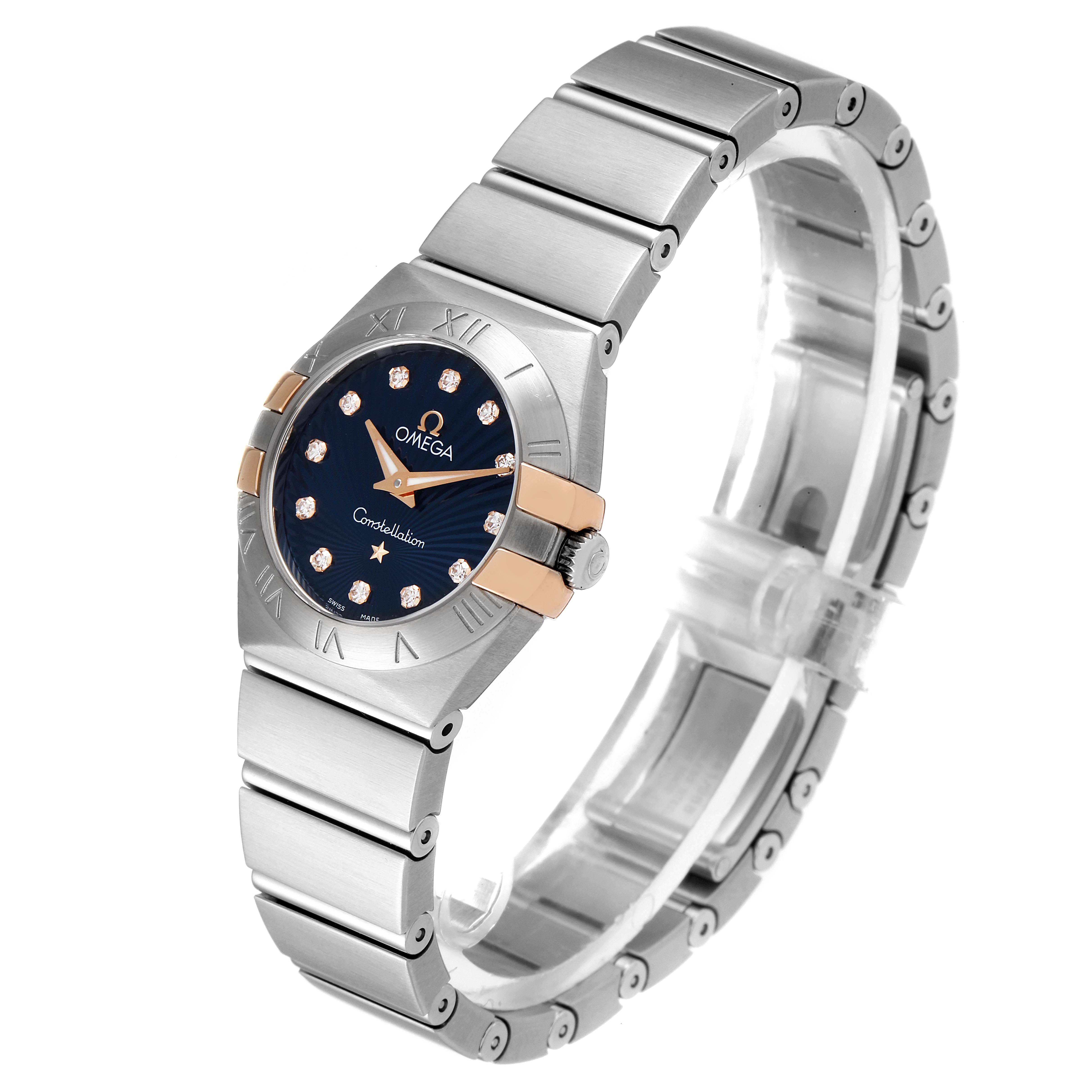 The image shows an angled view of the Omega 123.20.24.60.53.002 Women
s Stainless Steel Blue Dial 123.20.24.60.53.002 Women
s Stainless Steel Blue Dial Constellation Steel Blue Diamond Dial Watch 123.20.24.60.53.002, highlighting the dial and bracelet.