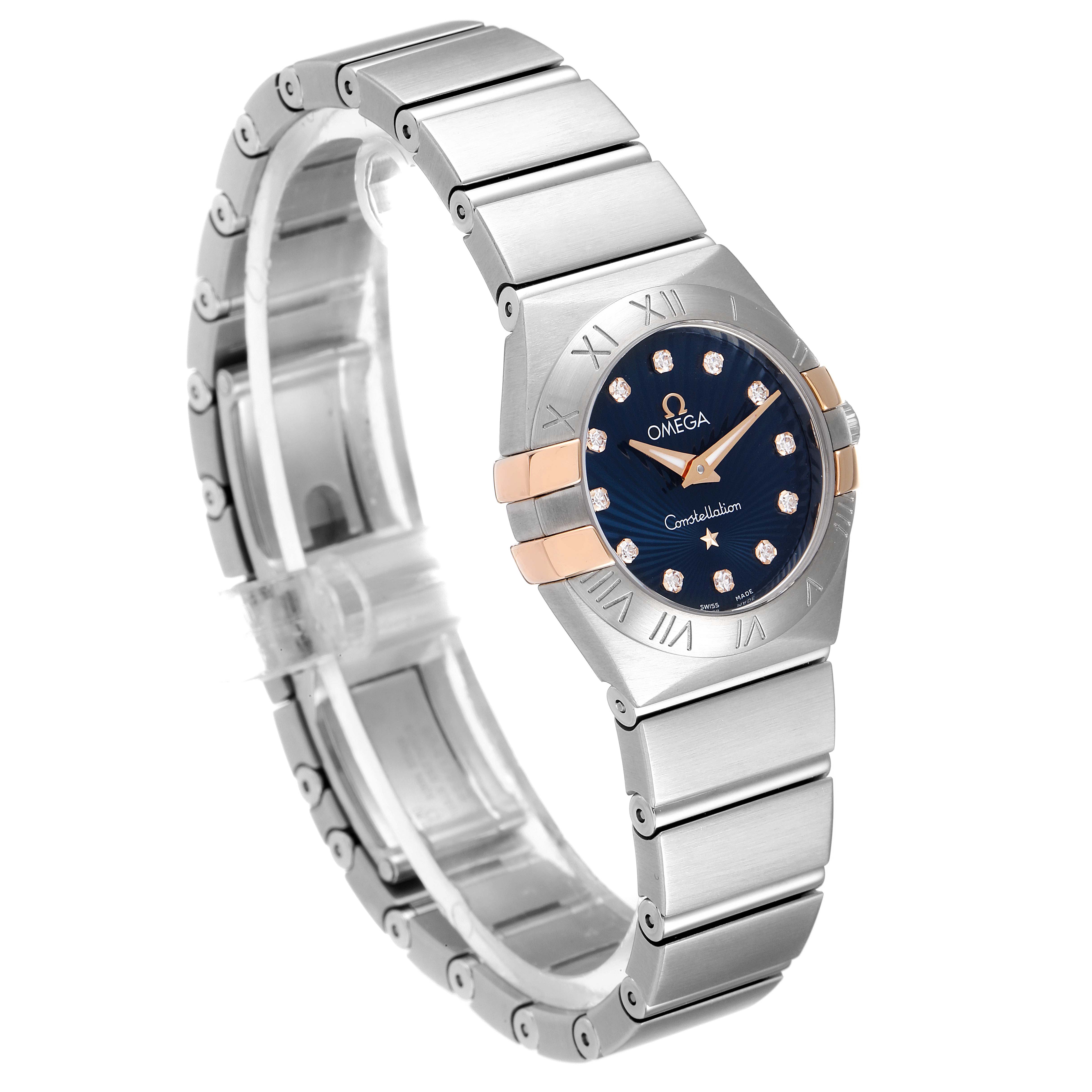 This image shows the Omega 123.20.24.60.53.002 Women
s Stainless Steel Blue Dial 123.20.24.60.53.002 Women
s Stainless Steel Blue Dial Constellation Steel Blue Diamond Dial Watch 123.20.24.60.53.002 from an angled side view, displaying its face and bracelet.