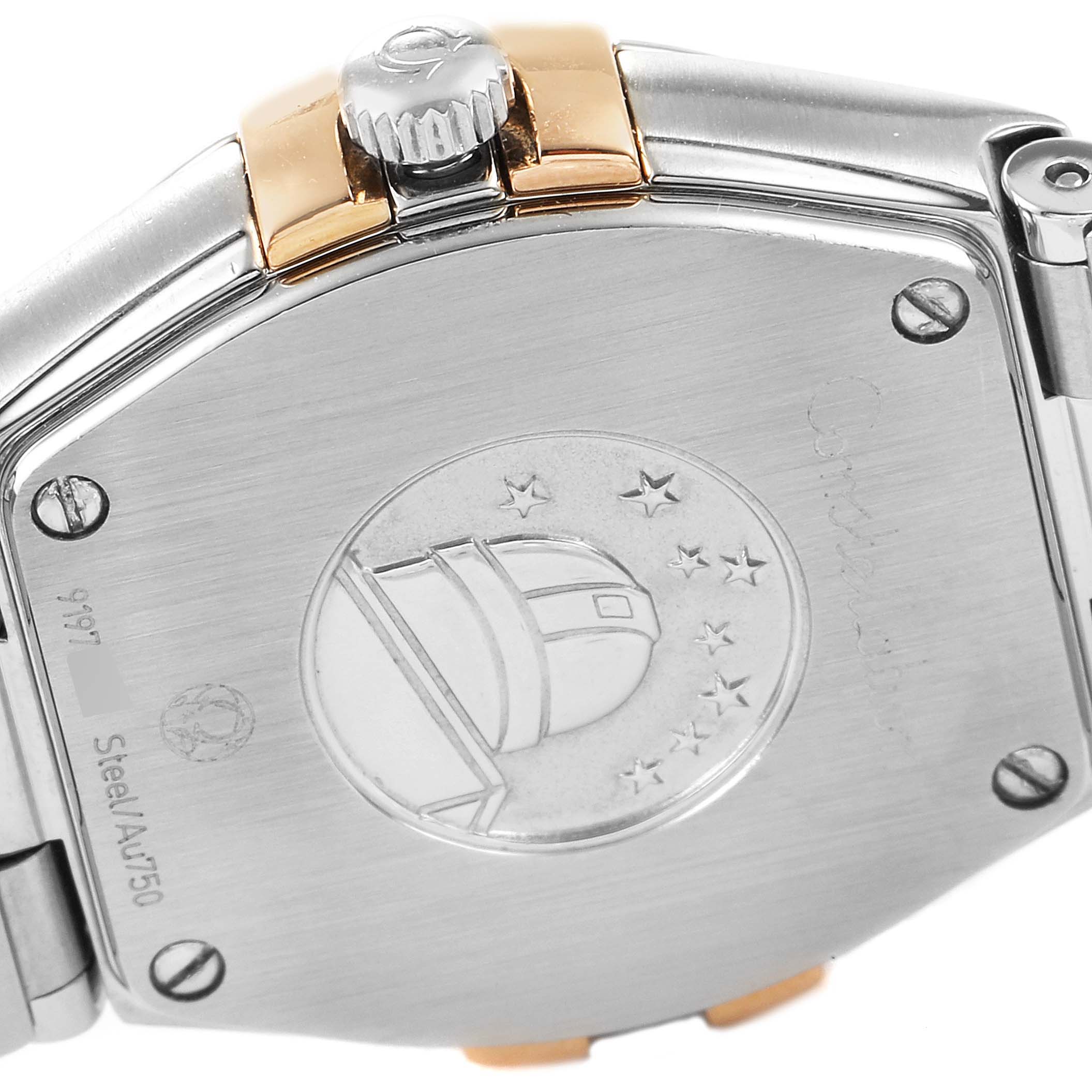 This image shows the back casing and crown of the Omega 123.20.24.60.53.002 Women
s Stainless Steel Blue Dial 123.20.24.60.53.002 Women
s Stainless Steel Blue Dial Constellation Steel Blue Diamond Dial Watch 123.20.24.60.53.002.