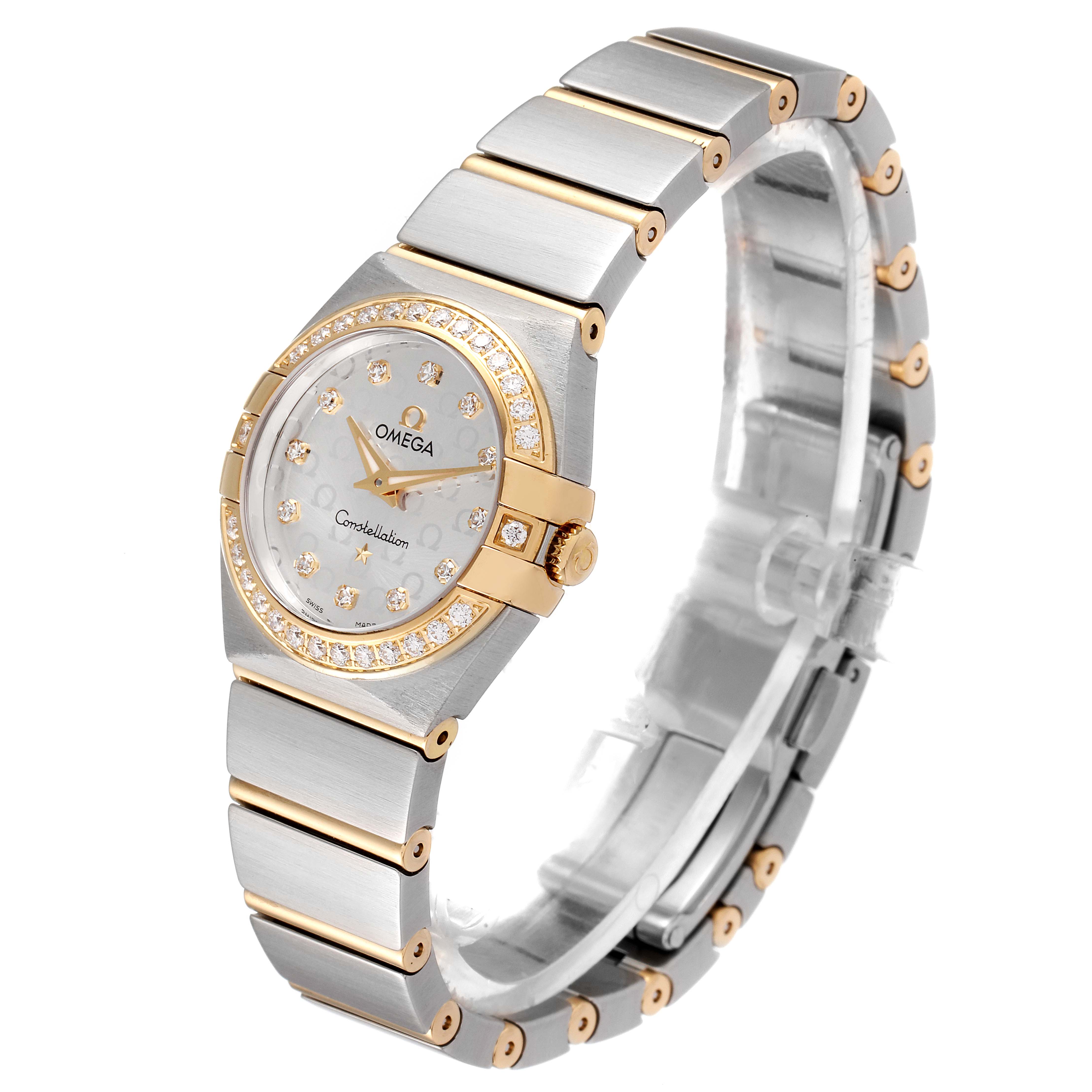 The Omega 123.25.24.60.52.001 Women's Steel and Gold (two tone) Silver Dial 123.25.24.60.52.001 Women's Steel and Gold (two tone) Silver Dial Constellation Steel Yellow Gold Diamond Ladies Watch 123.25.24.60.52.001 is shown at a side angle highlighting its bracelet and face.