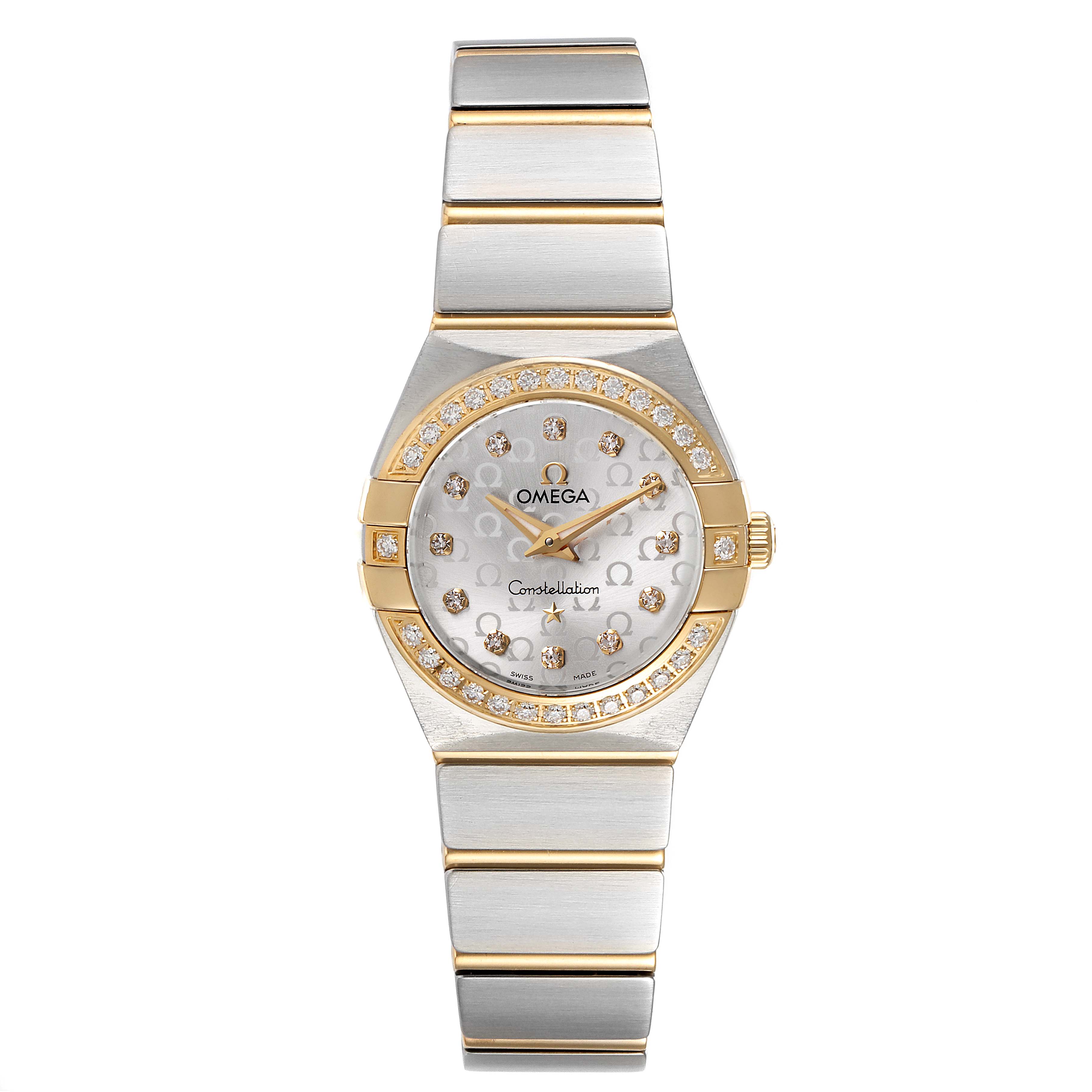 The image shows a front view of the Omega 123.25.24.60.52.001 Women's Steel and Gold (two tone) Silver Dial 123.25.24.60.52.001 Women's Steel and Gold (two tone) Silver Dial Constellation Steel Yellow Gold Diamond Ladies Watch, model 123.25.24.60.52.001.