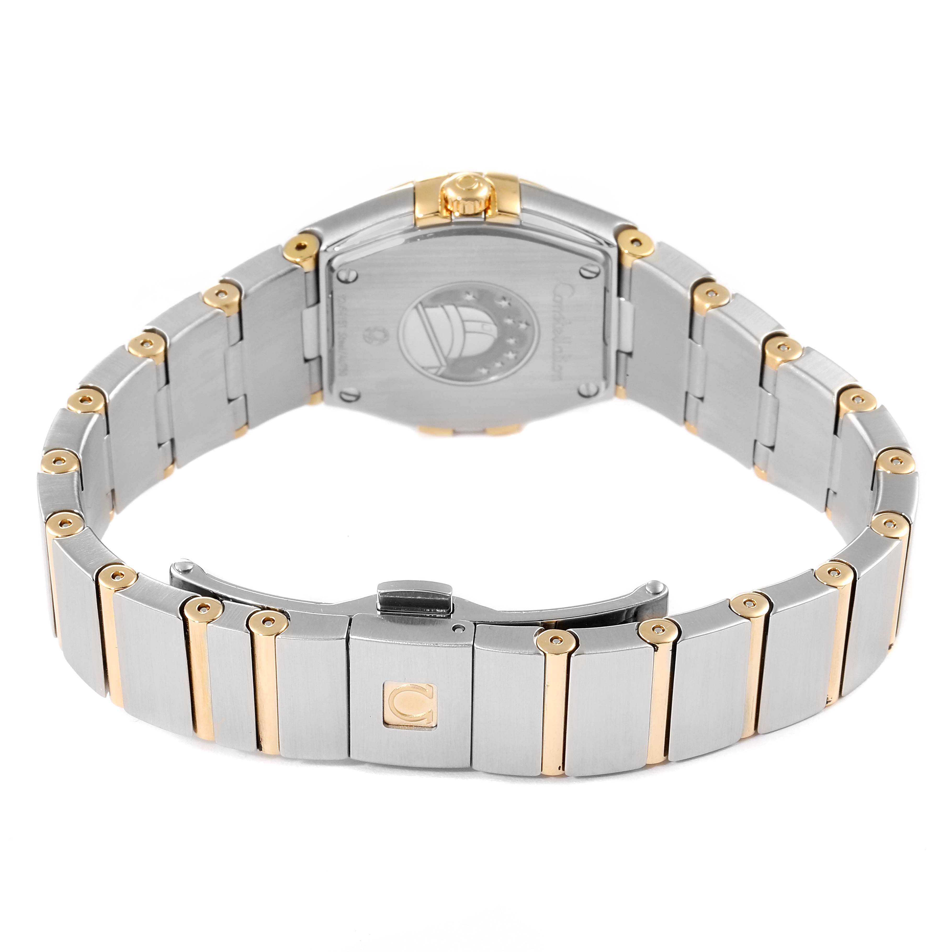 The image shows the back view and clasp of the Omega 123.25.24.60.52.001 Women's Steel and Gold (two tone) Silver Dial 123.25.24.60.52.001 Women's Steel and Gold (two tone) Silver Dial Constellation Steel Yellow Gold Diamond Ladies Watch 123.25.24.60.52.001.