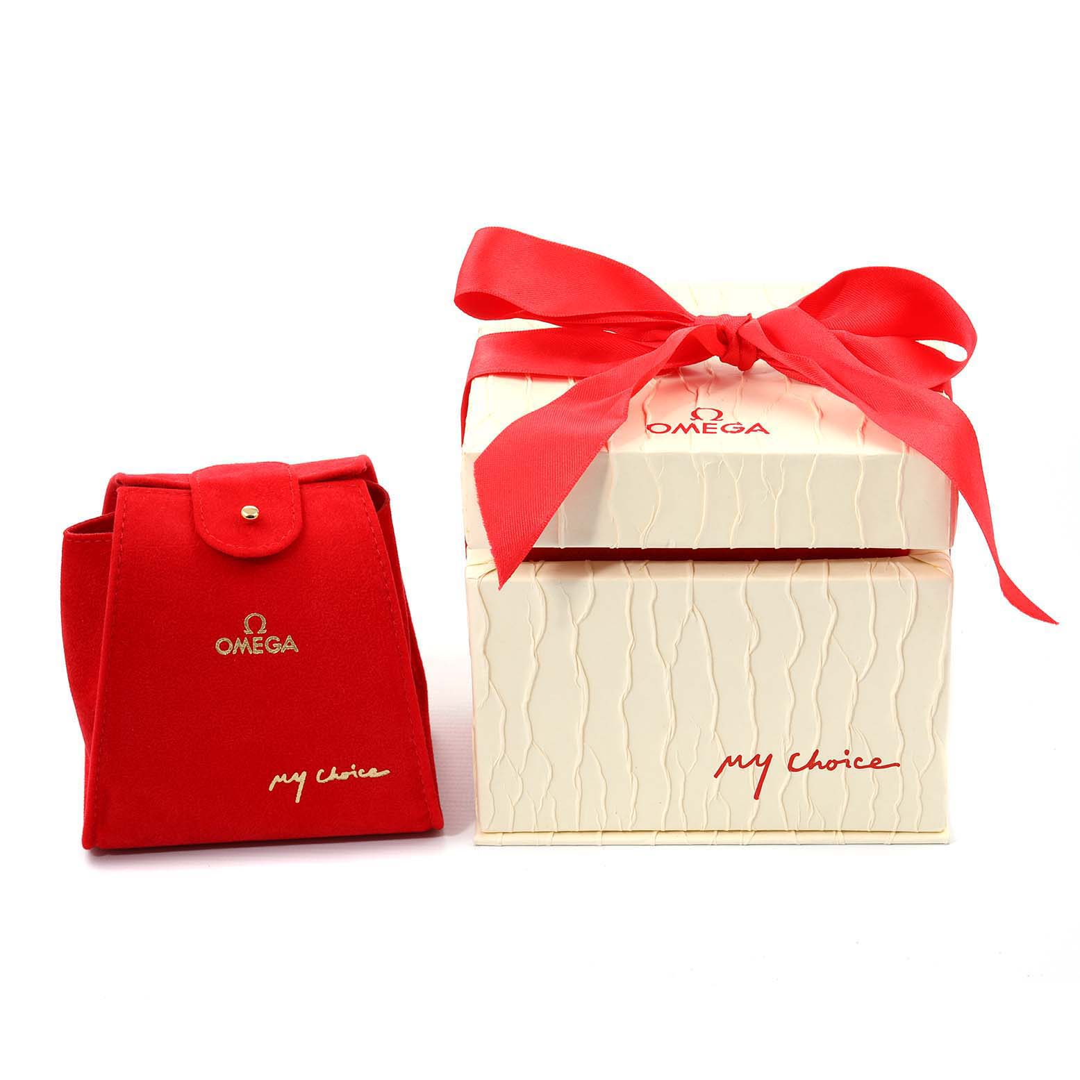 This image shows the packaging and accessory pouch for an Omega 123.25.24.60.52.001 Women's Steel and Gold (two tone) Silver Dial 123.25.24.60.52.001 Women's Steel and Gold (two tone) Silver Dial Constellation Steel Yellow Gold Diamond Ladies Watch 123.25.24.60.52.001.