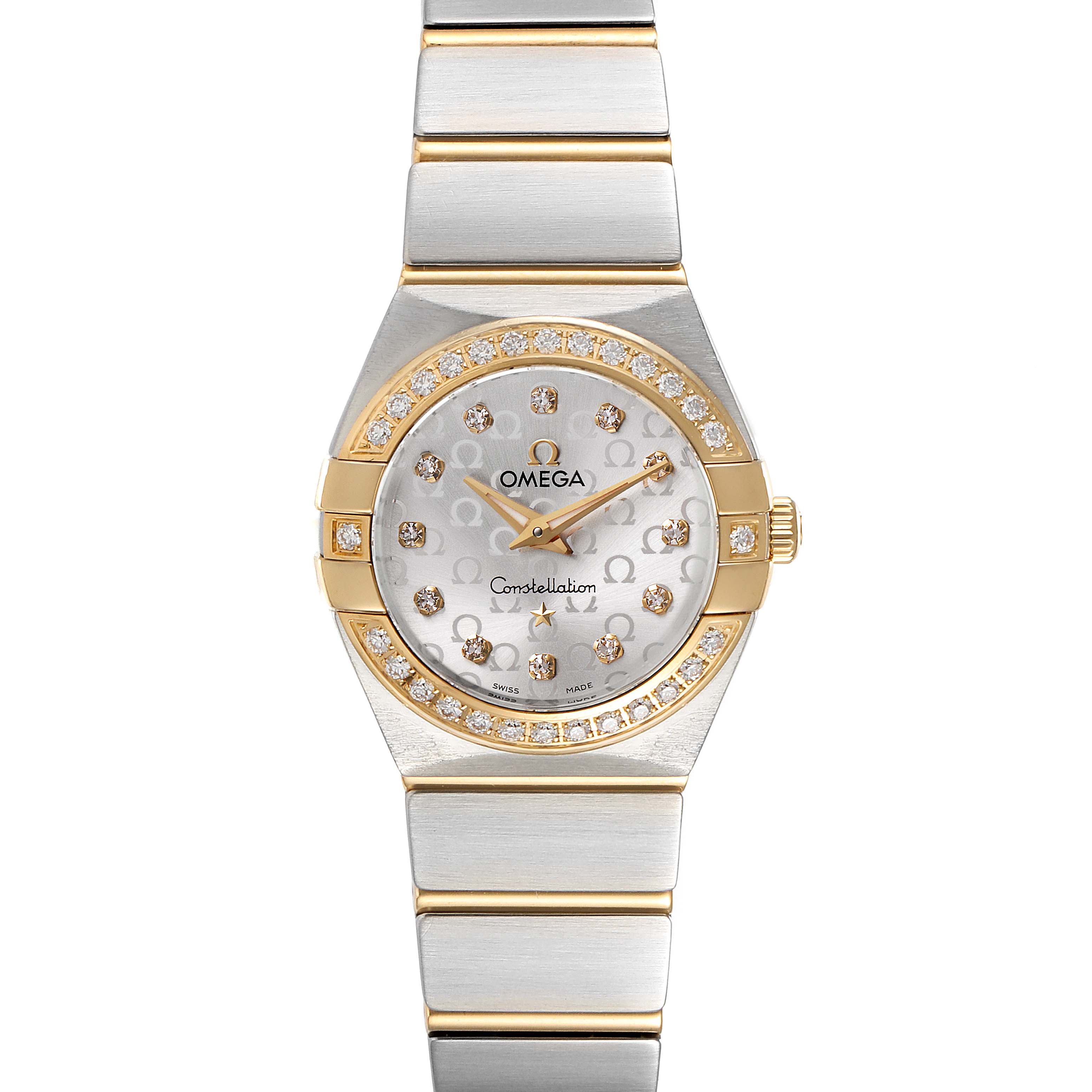 This image shows a full frontal view of the Omega 123.25.24.60.52.001 Women's Steel and Gold (two tone) Silver Dial 123.25.24.60.52.001 Women's Steel and Gold (two tone) Silver Dial Constellation Steel Yellow Gold Diamond Ladies Watch model 123.25.24.60.52.001.