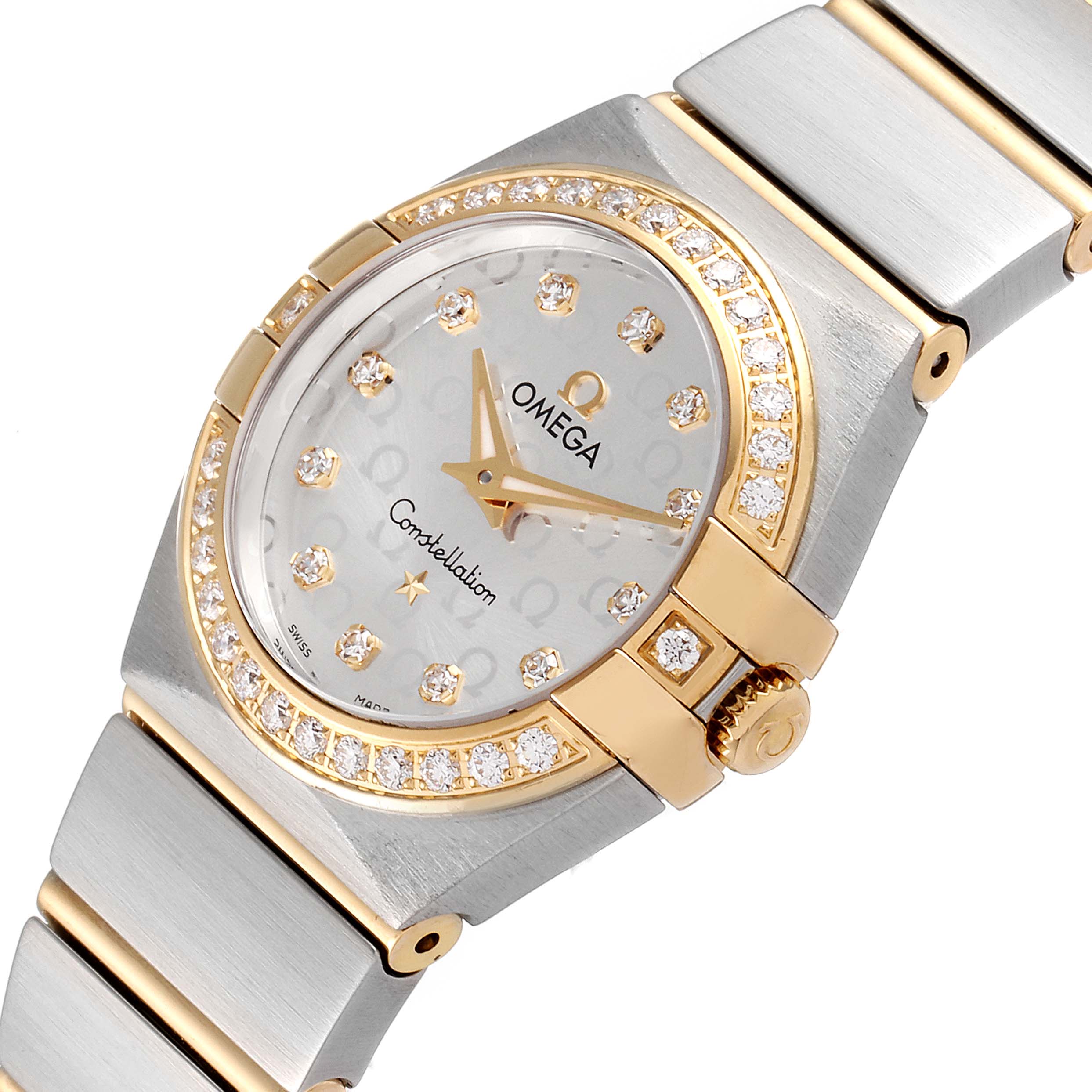 The image shows the front and partial side view of the Omega 123.25.24.60.52.001 Women's Steel and Gold (two tone) Silver Dial 123.25.24.60.52.001 Women's Steel and Gold (two tone) Silver Dial Constellation Steel Yellow Gold Diamond Ladies Watch, model 123.25.24.60.52.001.