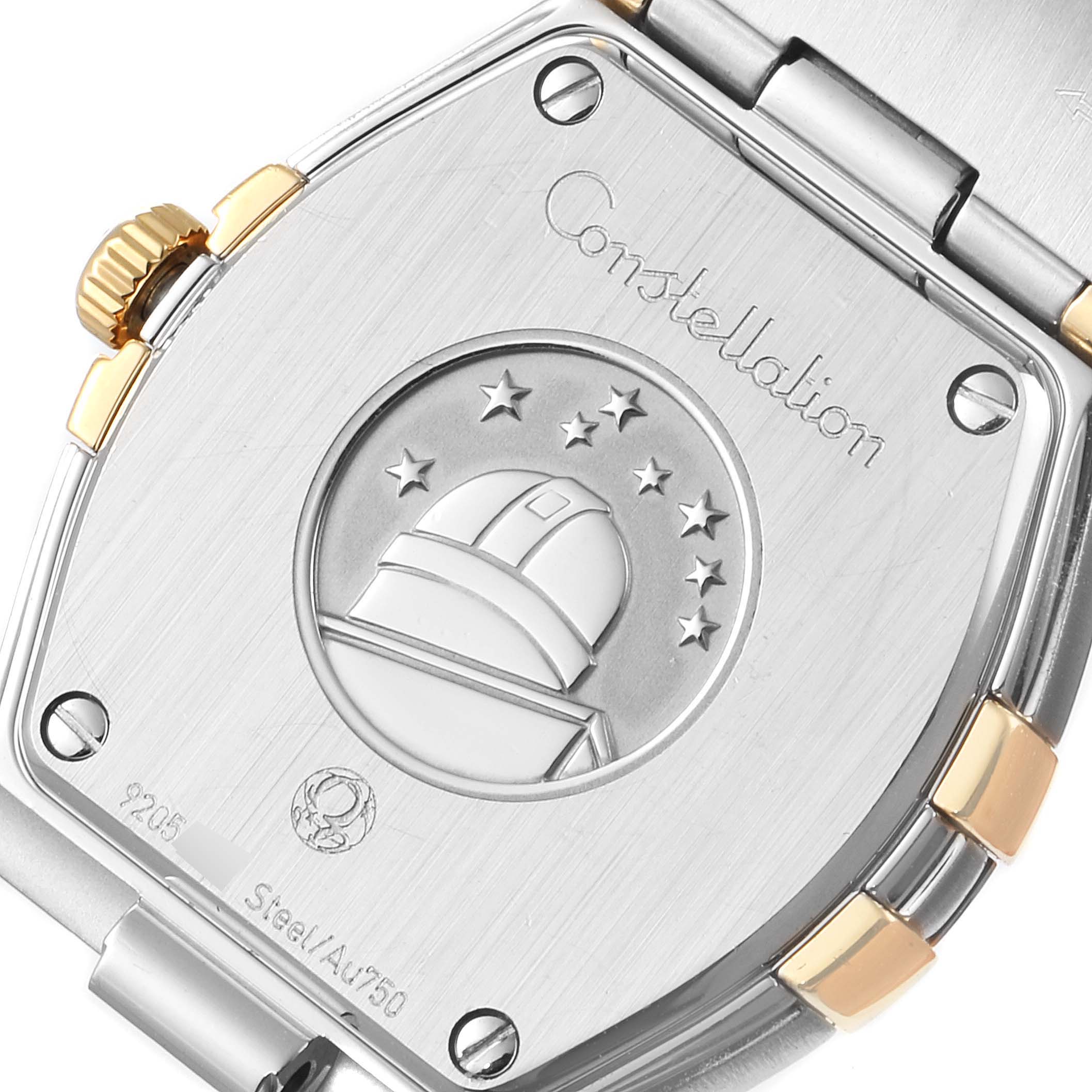 This image shows the back case of the Omega 123.25.24.60.52.001 Women's Steel and Gold (two tone) Silver Dial 123.25.24.60.52.001 Women's Steel and Gold (two tone) Silver Dial Constellation Steel Yellow Gold Diamond Ladies Watch 123.25.24.60.52.001.
