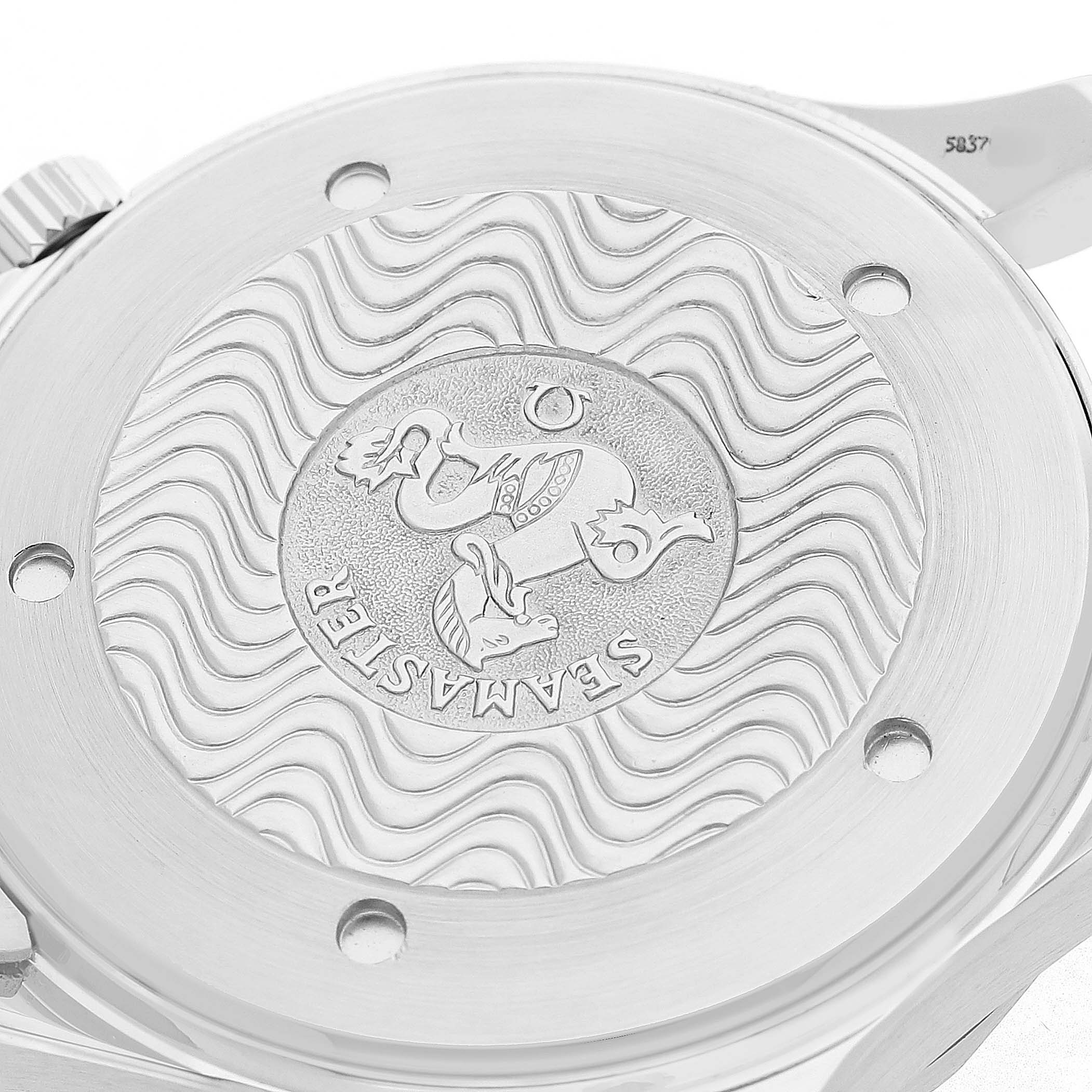 The image shows the back case of an Omega Seamaster 2264.50.00 Men's Stainless Steel Black Dial, featuring the embossed logo with wave patterns.
