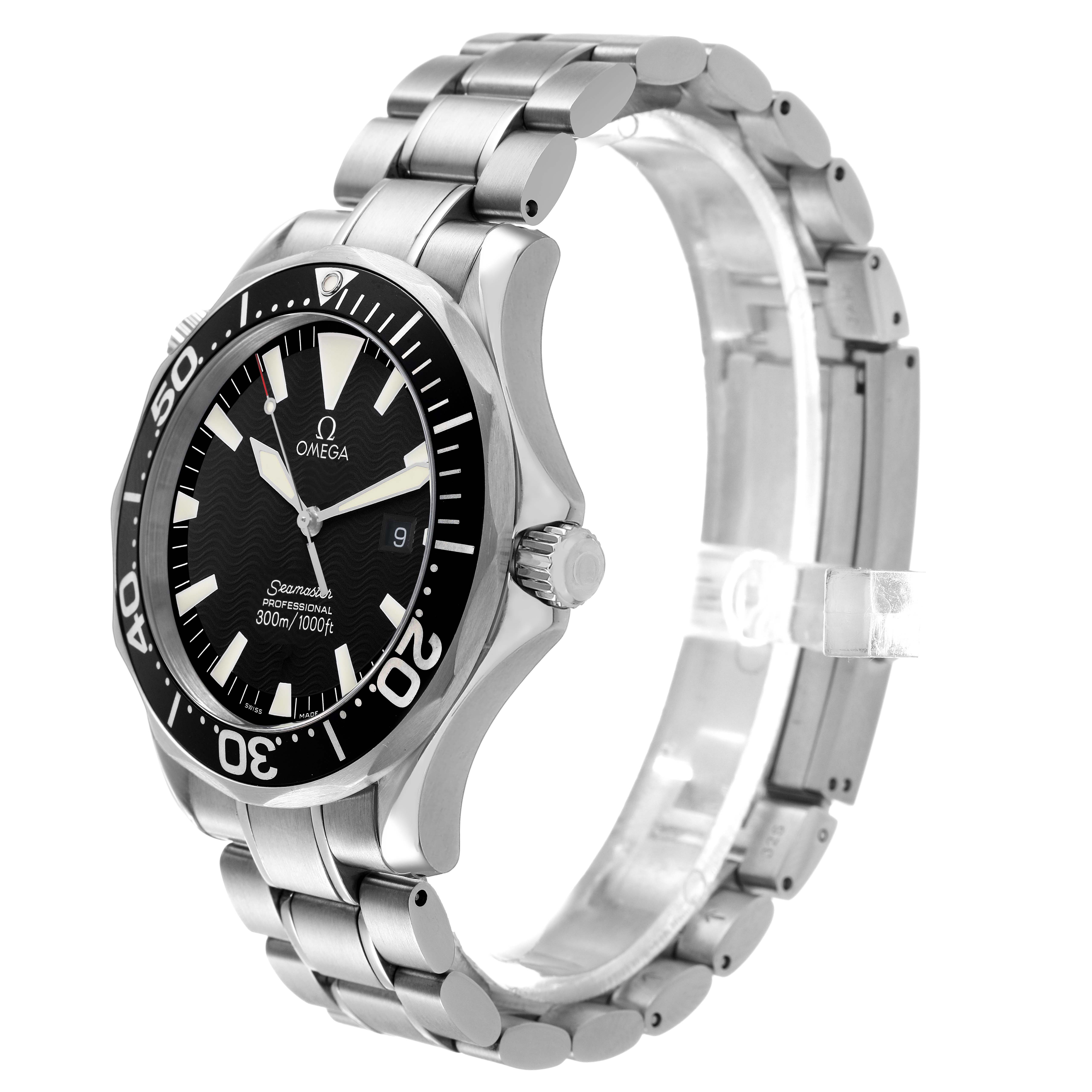 The Omega Seamaster 2264.50.00 Men's Stainless Steel Black Dial watch is shown at a slight angle, highlighting the bezel, dial, crown, and metal bracelet.