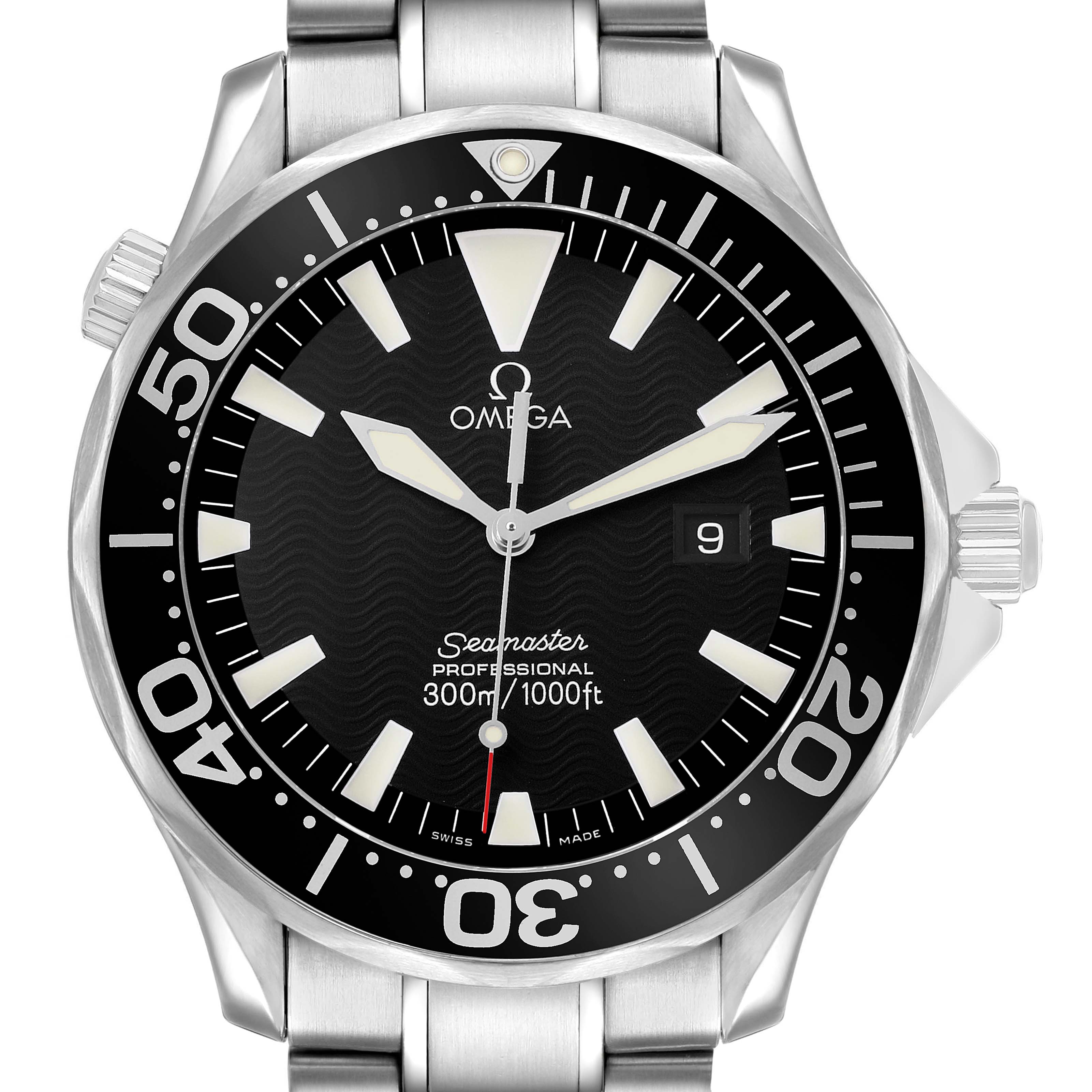 The image shows a front view of the Omega Seamaster 2264.50.00 Men's Stainless Steel Black Dial watch, highlighting the dial, bezel, and part of the bracelet.