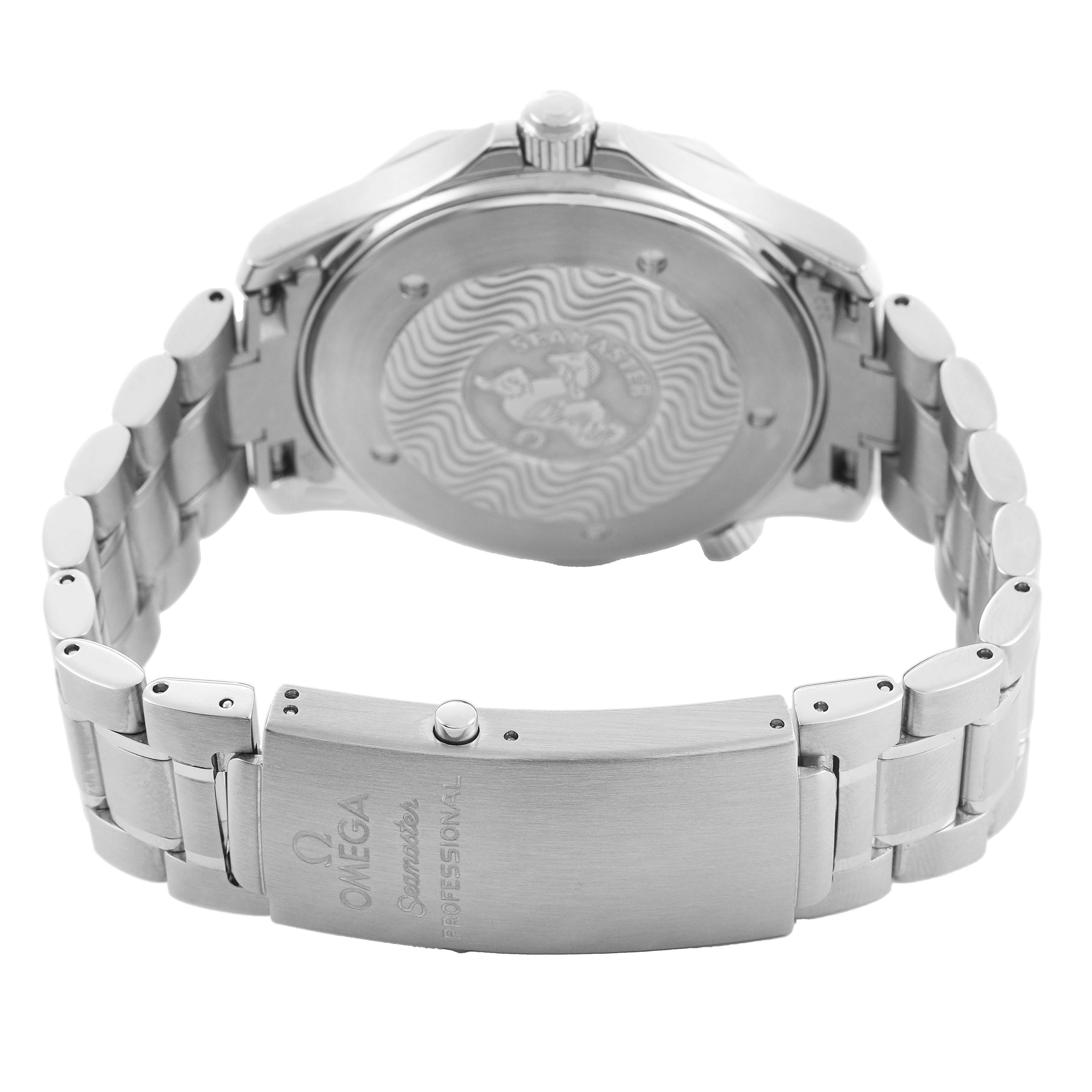The image shows the Omega Seamaster 2264.50.00 Men's Stainless Steel Black Dial's case back and clasp from the back angle, highlighting the bracelet and engraving details.
