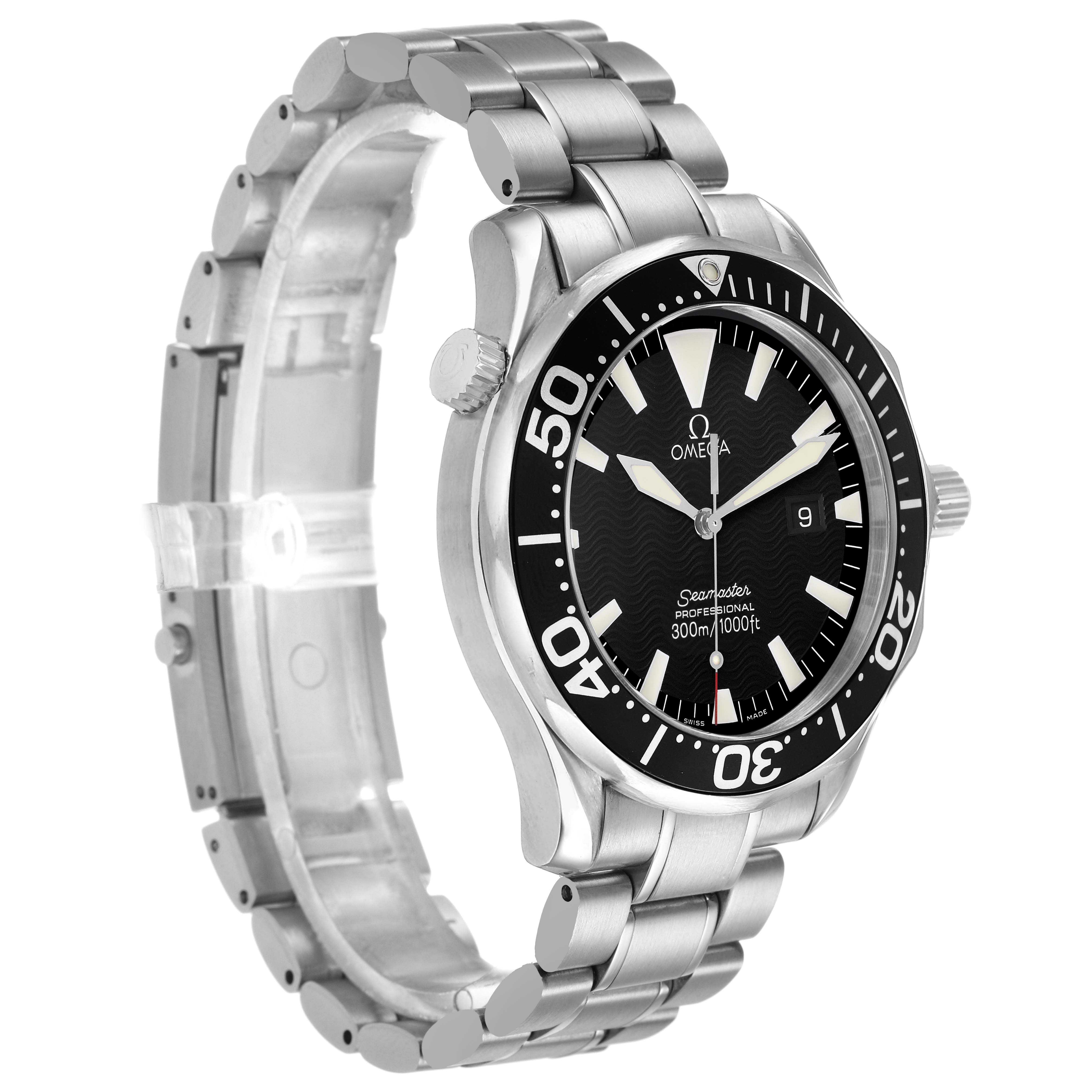 The Omega Seamaster 2264.50.00 Men's Stainless Steel Black Dial watch is shown from a slight side angle, displaying the face, bezel, dial, crown, and bracelet.