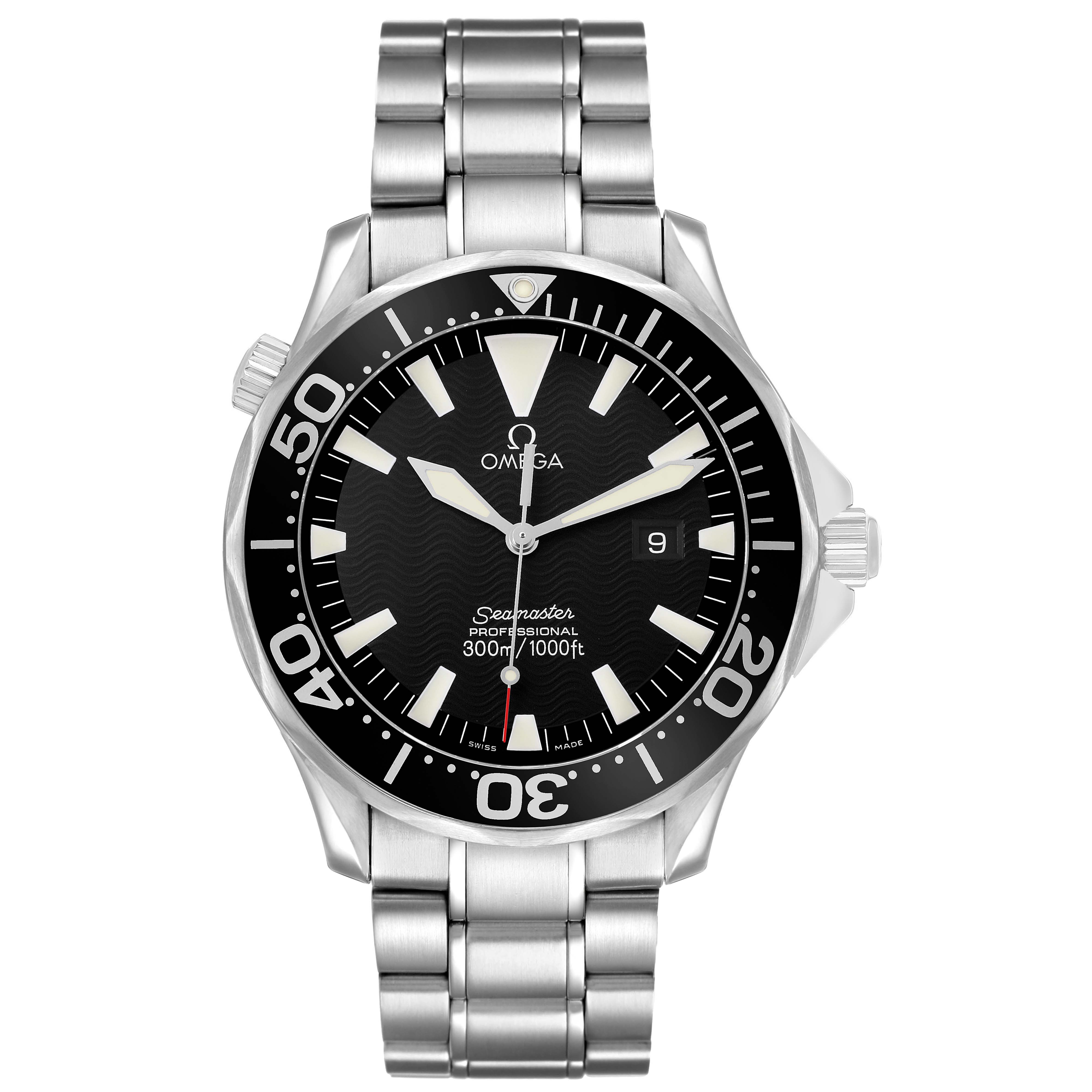 The Omega Seamaster 2264.50.00 Men's Stainless Steel Black Dial watch is shown from the front, displaying the dial, bezel, and bracelet.