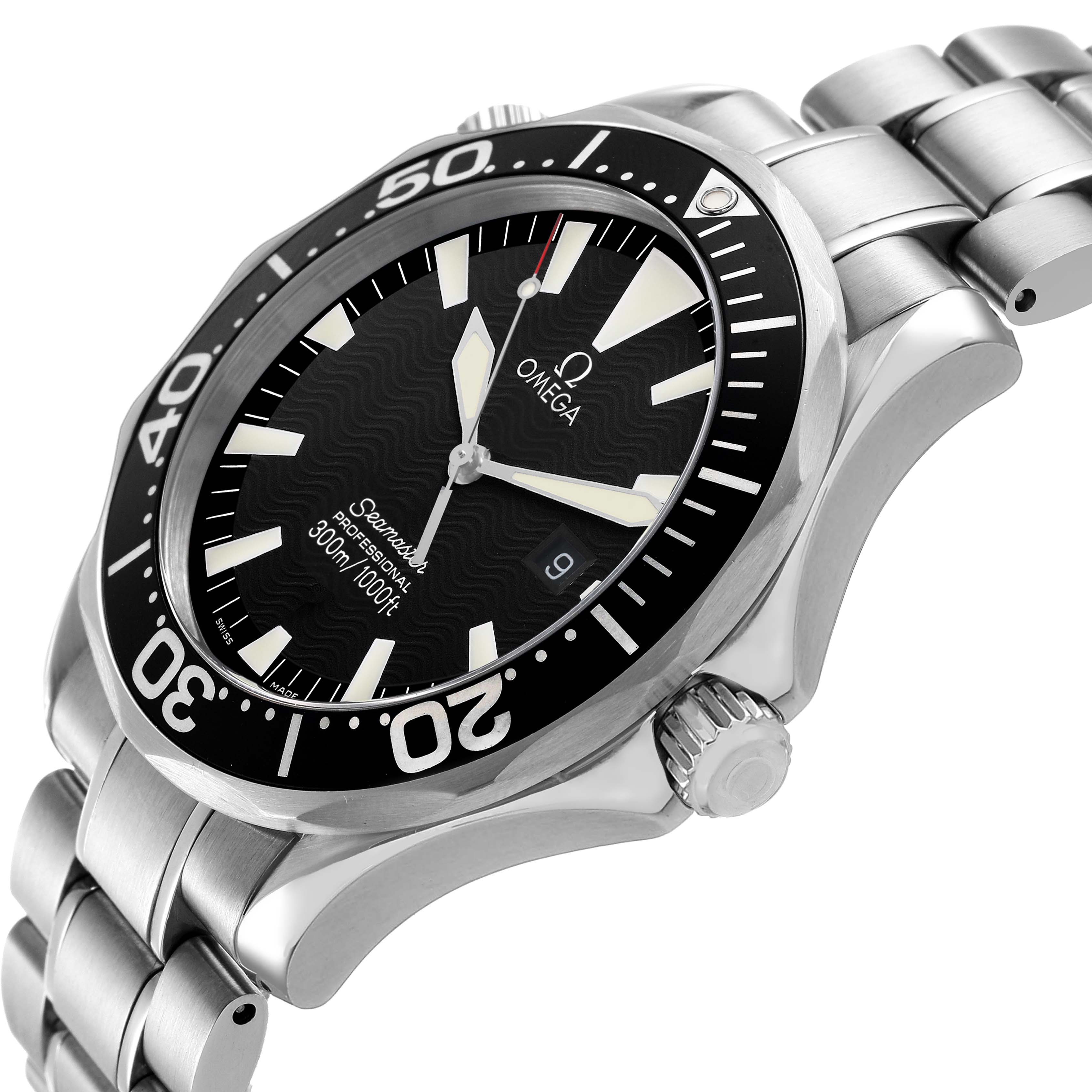The Omega Seamaster 2264.50.00 Men's Stainless Steel Black Dial watch is shown at an angle highlighting the face, bezel, crown, and part of the bracelet.