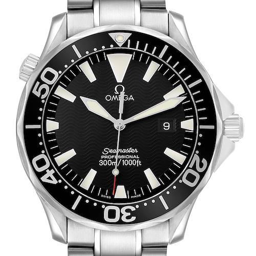 The Omega Seamaster 2264.50.00 Men's Stainless Steel Black Dial watch is shown from a front angle, displaying the dial, bezel, and part of the bracelet.