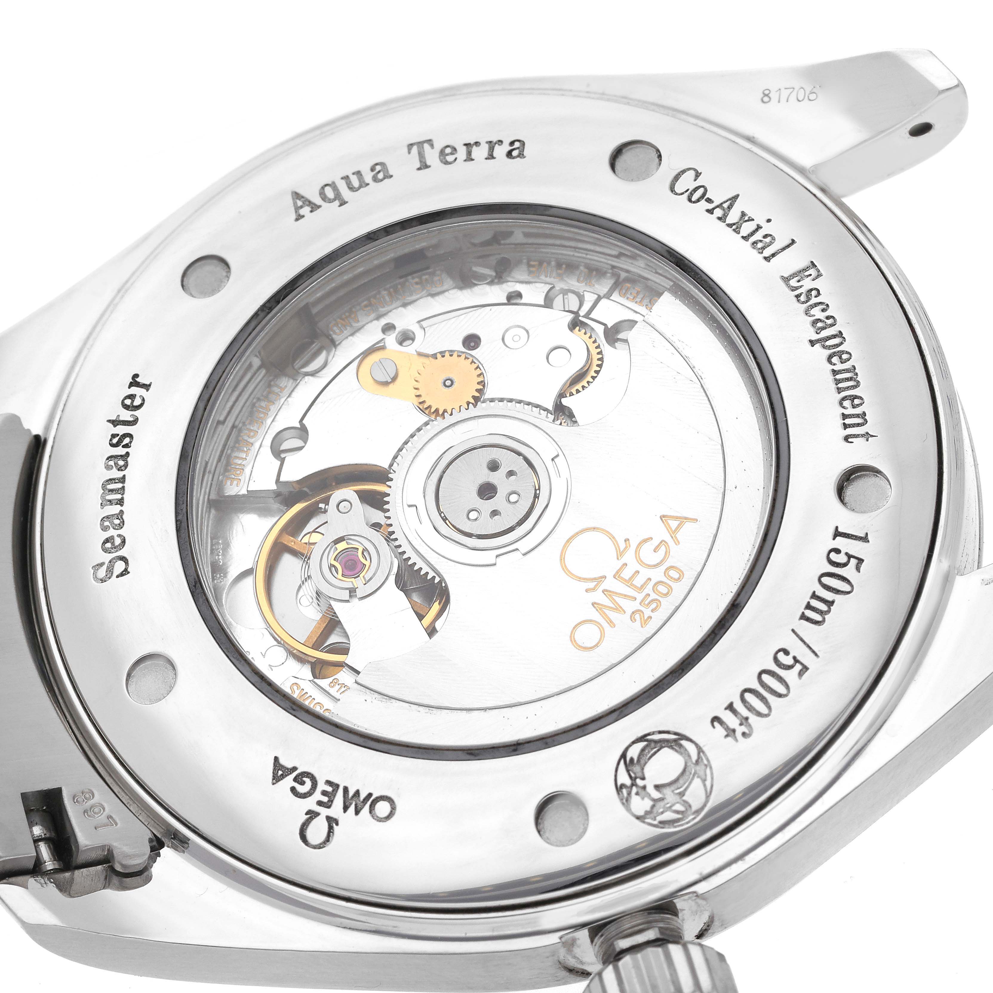 The image shows the back view of the Omega Aqua Terra 2502.33.00 Men
s Stainless Steel Silver Dial 2502.33.00 Men
s Stainless Steel Silver Dial watch, highlighting its Co-Axial Escapement mechanism and model details.