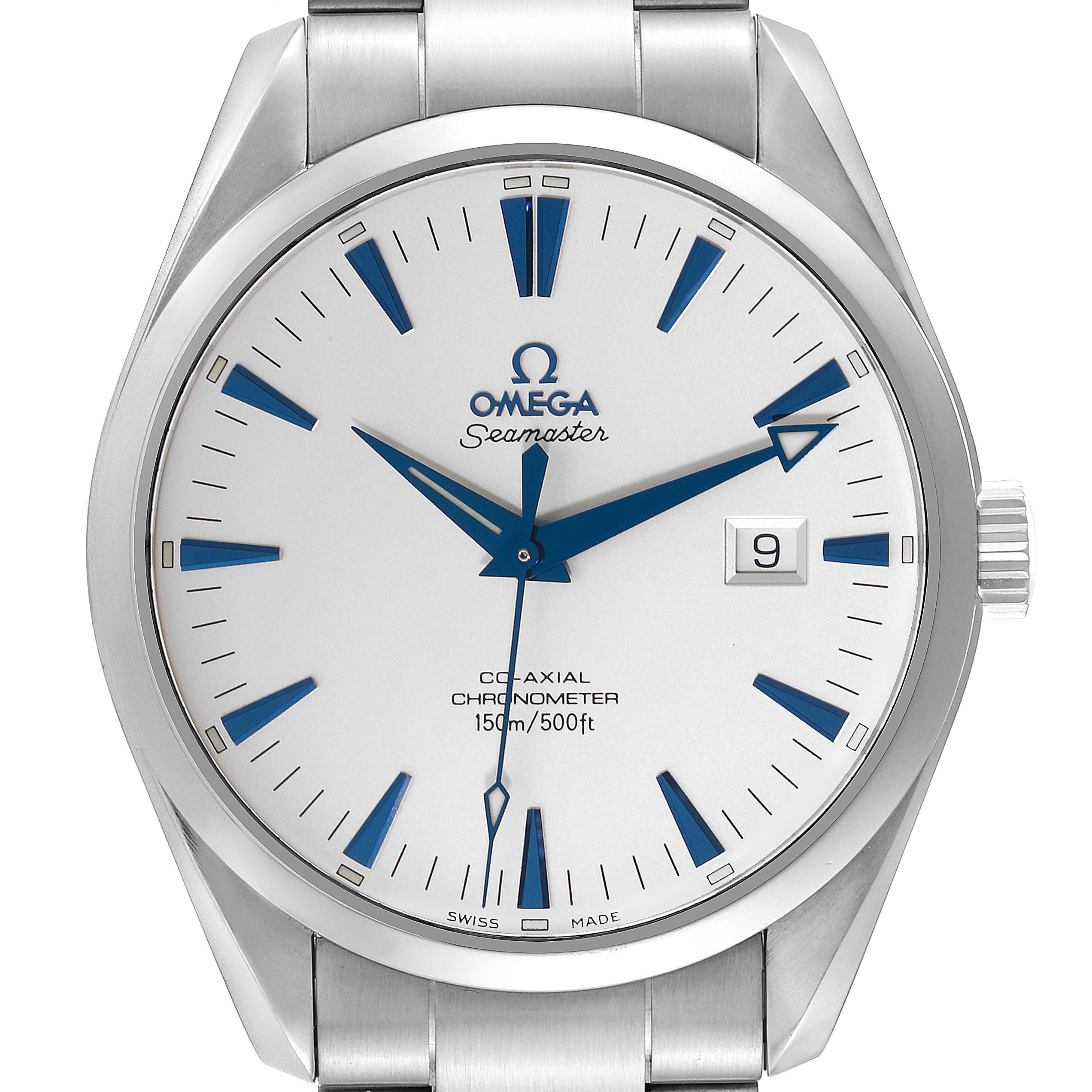This image shows a front view of the Omega Aqua Terra 2502.33.00 Men
s Stainless Steel Silver Dial 2502.33.00 Men
s Stainless Steel Silver Dial watch, featuring the dial, hands, date window, and part of the bracelet.