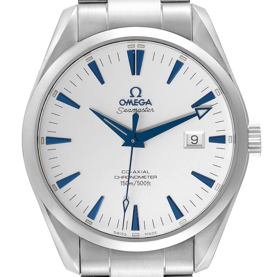 This image shows a front view of the Omega Aqua Terra watch, featuring the dial, hands, date window, and part of the bracelet.