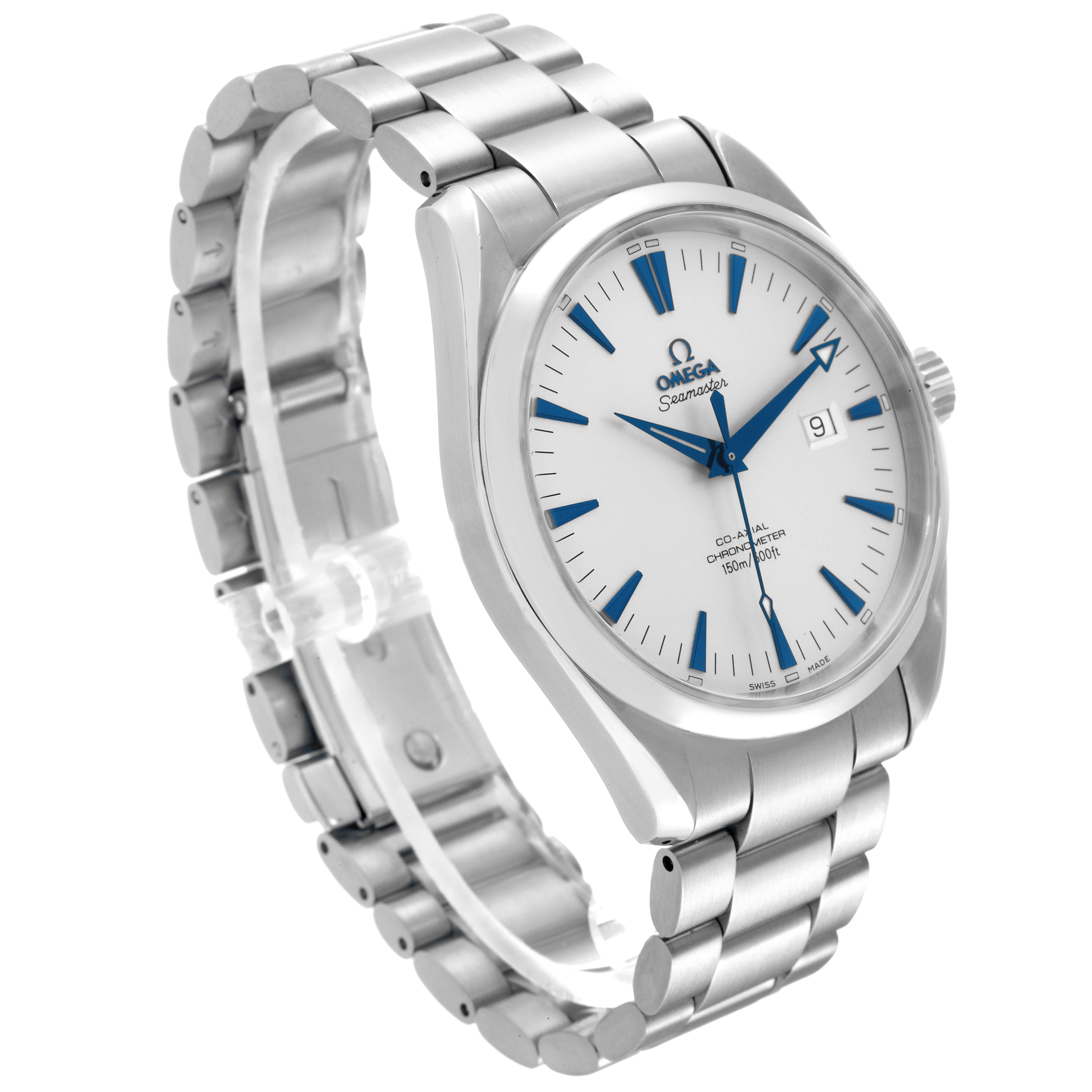 The Omega Aqua Terra 2502.33.00 Men
s Stainless Steel Silver Dial 2502.33.00 Men
s Stainless Steel Silver Dial watch is shown at a three-quarter angle, displaying its face, bezel, crown, and part of the bracelet.