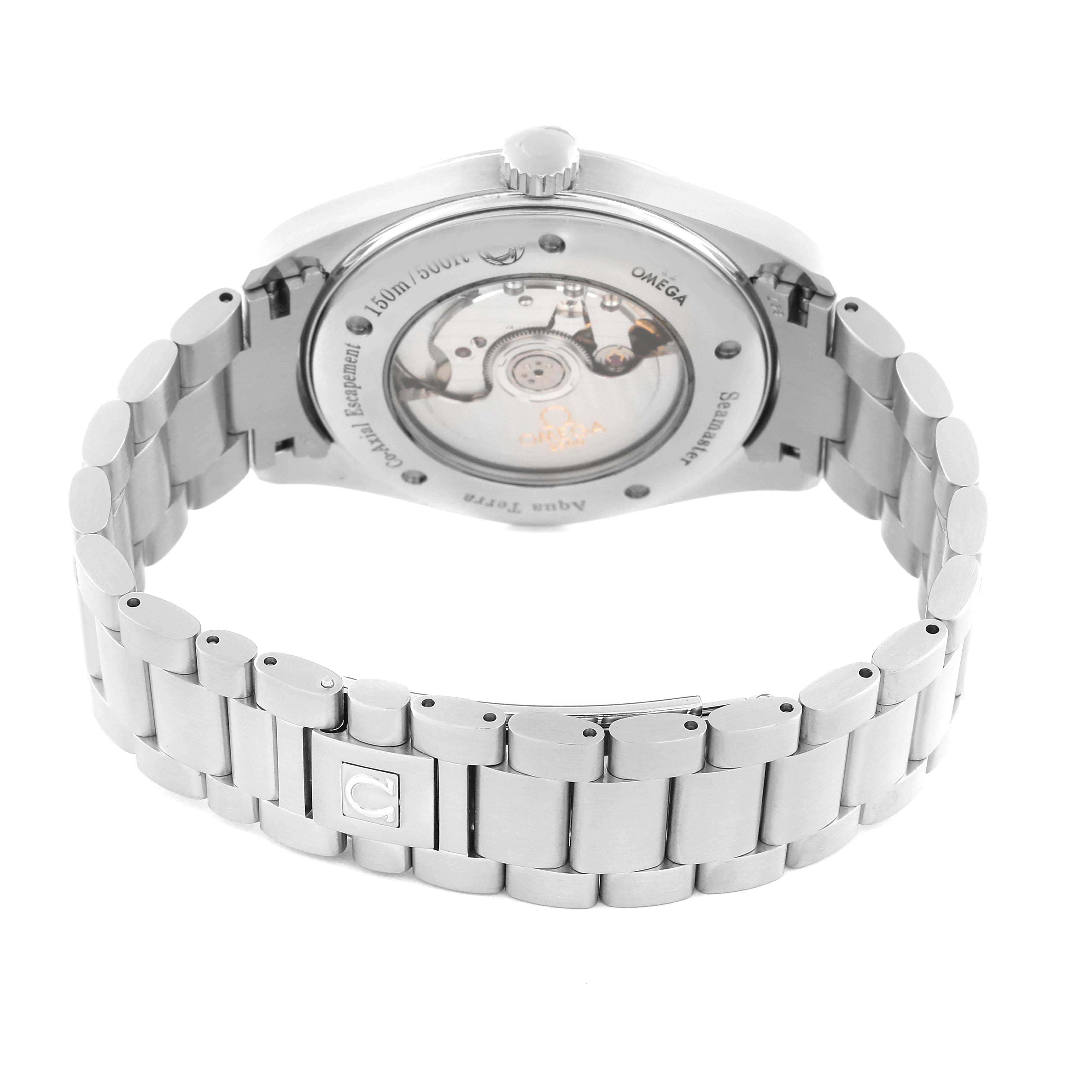 The image shows the back view of the Omega Aqua Terra 2502.33.00 Men
s Stainless Steel Silver Dial 2502.33.00 Men
s Stainless Steel Silver Dial watch, highlighting its transparent case back and stainless steel bracelet.