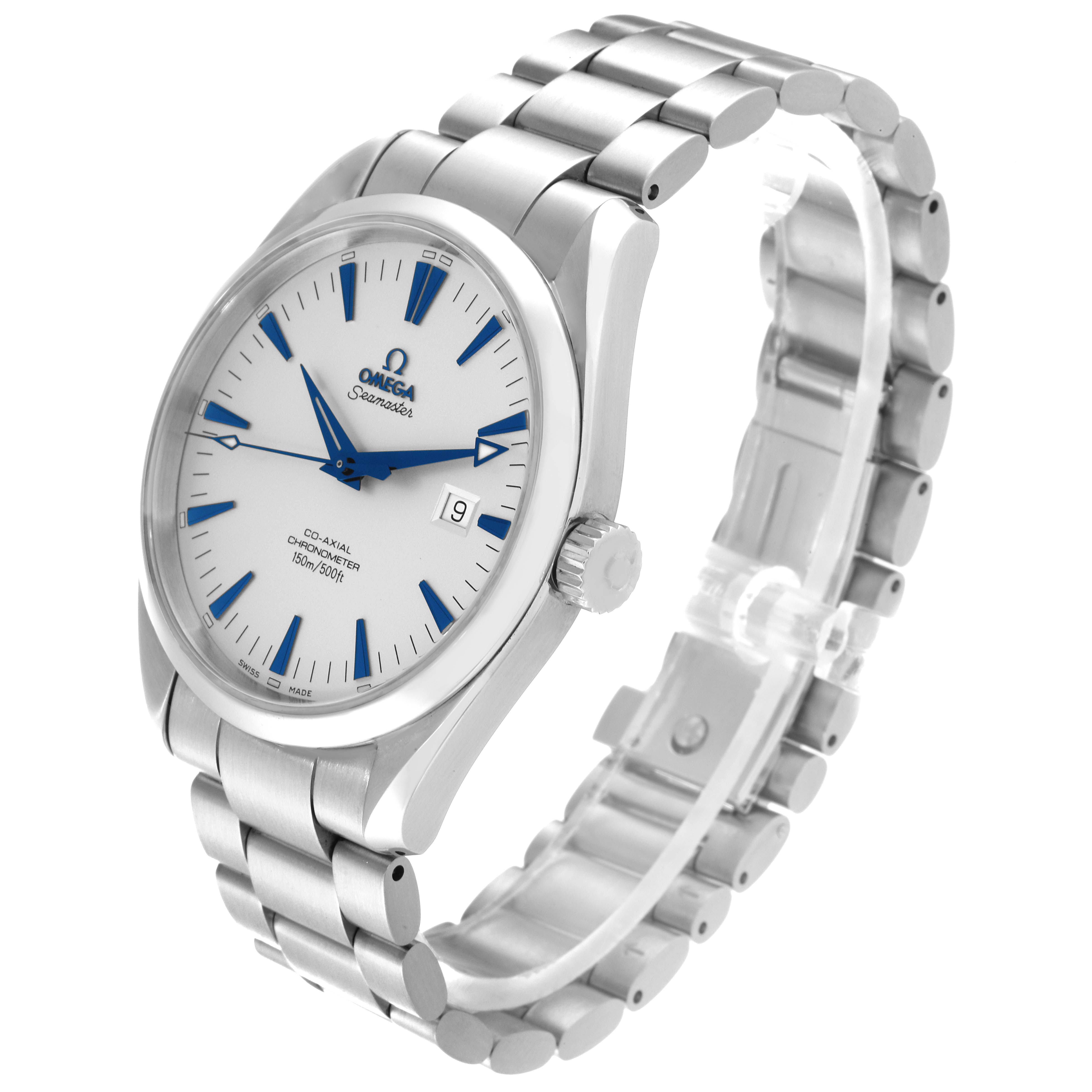 This image shows the Omega Aqua Terra 2502.33.00 Men
s Stainless Steel Silver Dial 2502.33.00 Men
s Stainless Steel Silver Dial watch at a three-quarter angle, displaying the face, bezel, crown, and bracelet.