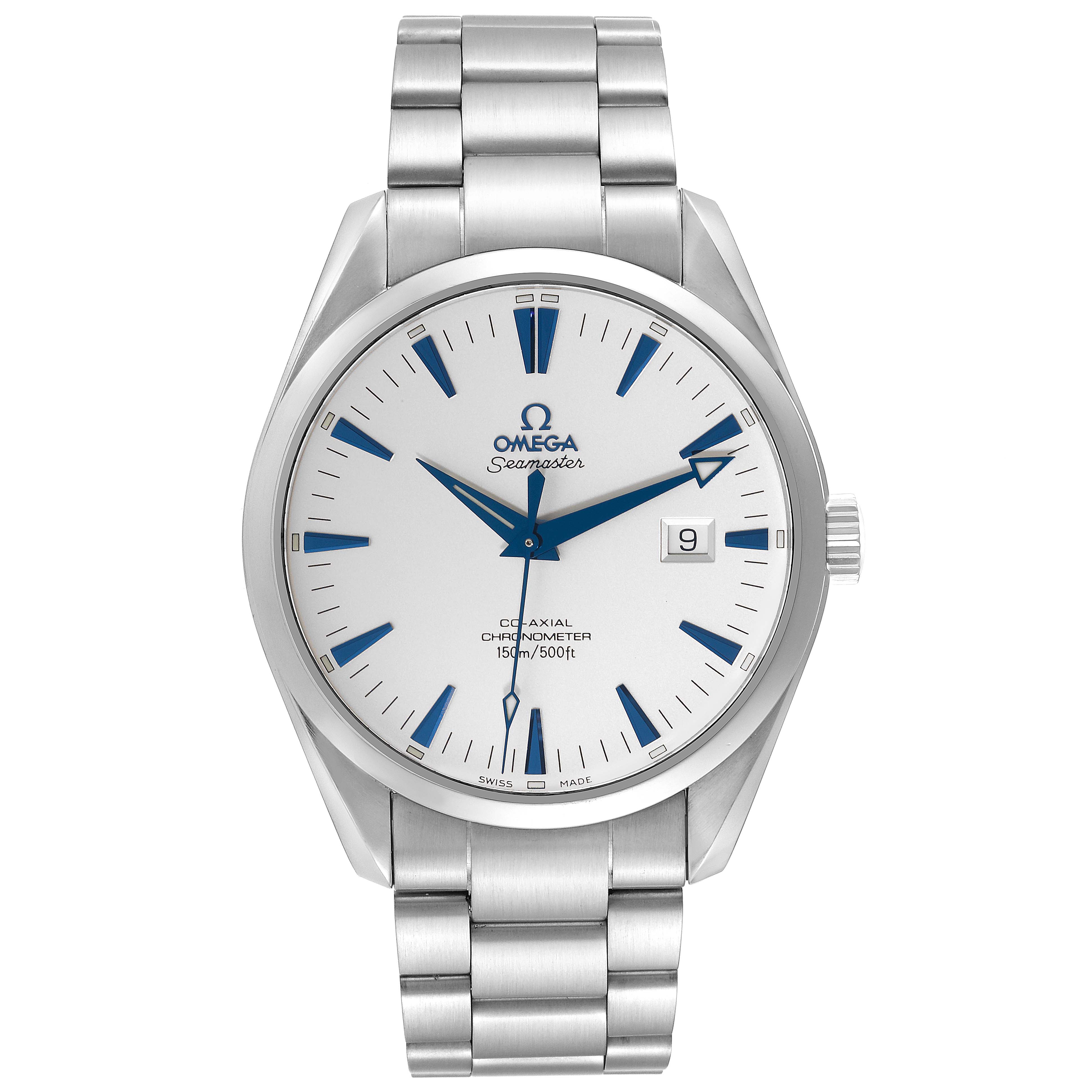 The image shows a front view of the Omega Aqua Terra 2502.33.00 Men
s Stainless Steel Silver Dial 2502.33.00 Men
s Stainless Steel Silver Dial watch, highlighting the bracelet, dial, and date window.