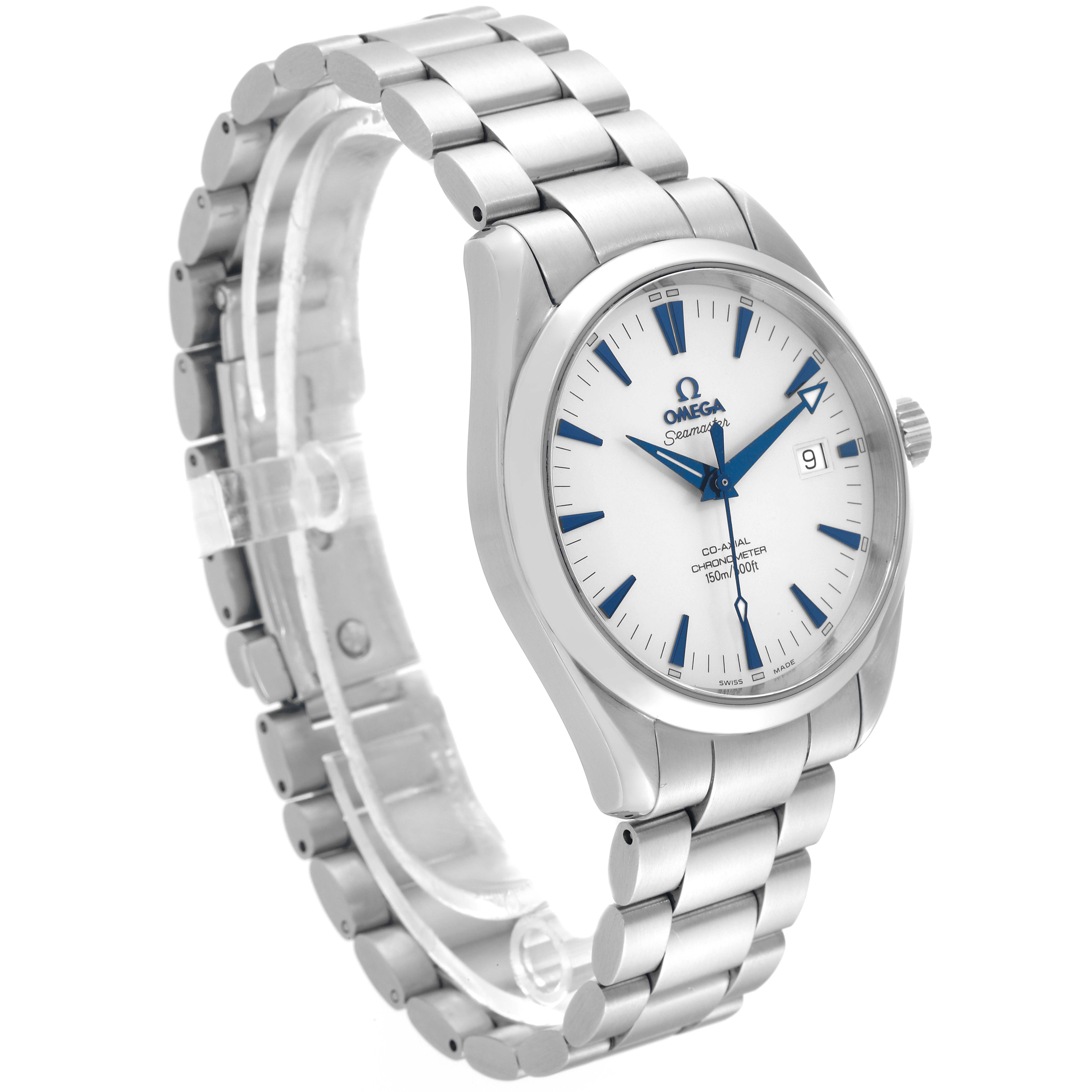 The image shows an Omega Aqua Terra 2503.33.00 Men
s Stainless Steel Silver Dial 2503.33.00 Men
s Stainless Steel Silver Dial watch at an angle, displaying the face, bezel, bracelet, and partial side of the case.