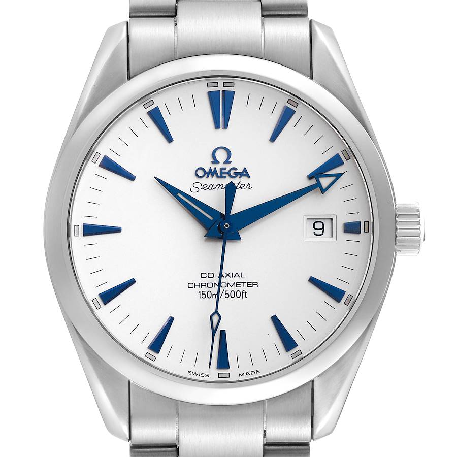 The image shows a front view of the Omega Aqua Terra Seamaster watch, displaying the dial, hands, indices, and date window.