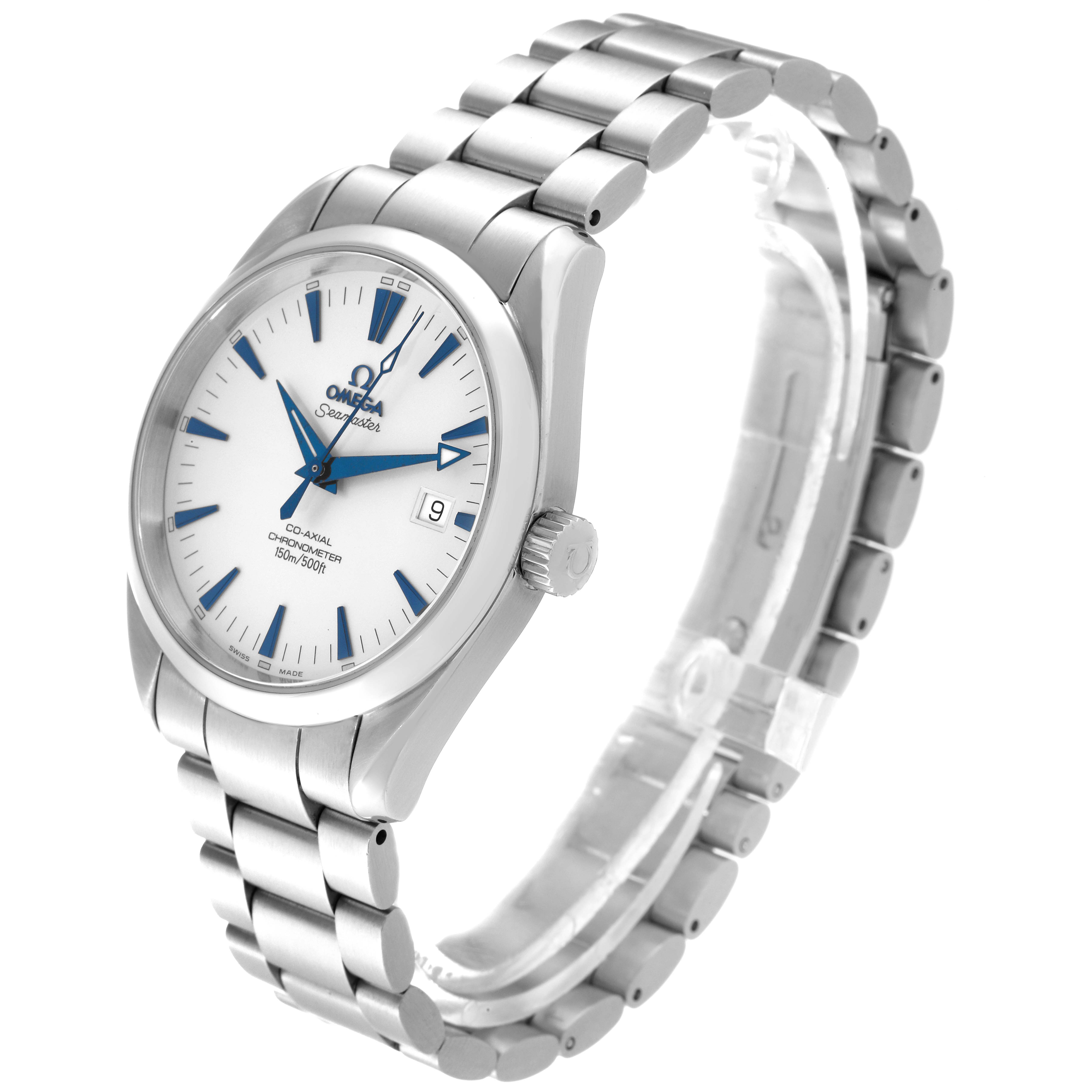 The Omega Aqua Terra 2503.33.00 Men
s Stainless Steel Silver Dial 2503.33.00 Men
s Stainless Steel Silver Dial model is shown at a front-side angle, highlighting the dial, bezel, crown, and bracelet.