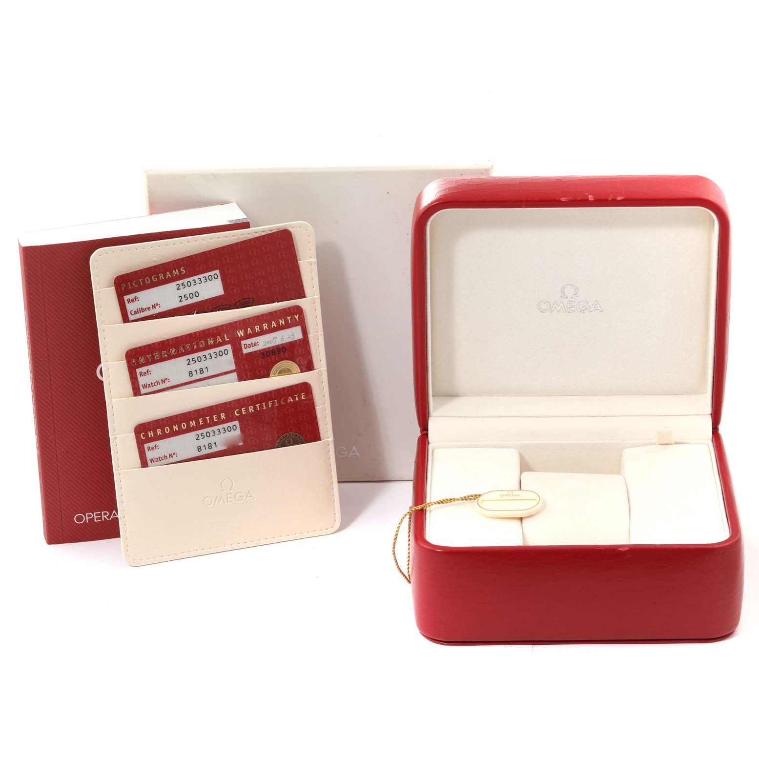 The image shows the Omega Aqua Terra 2503.33.00 Men
s Stainless Steel Silver Dial 2503.33.00 Men
s Stainless Steel Silver Dial watch’s packaging, warranty cards, manuals, and an empty watch case.