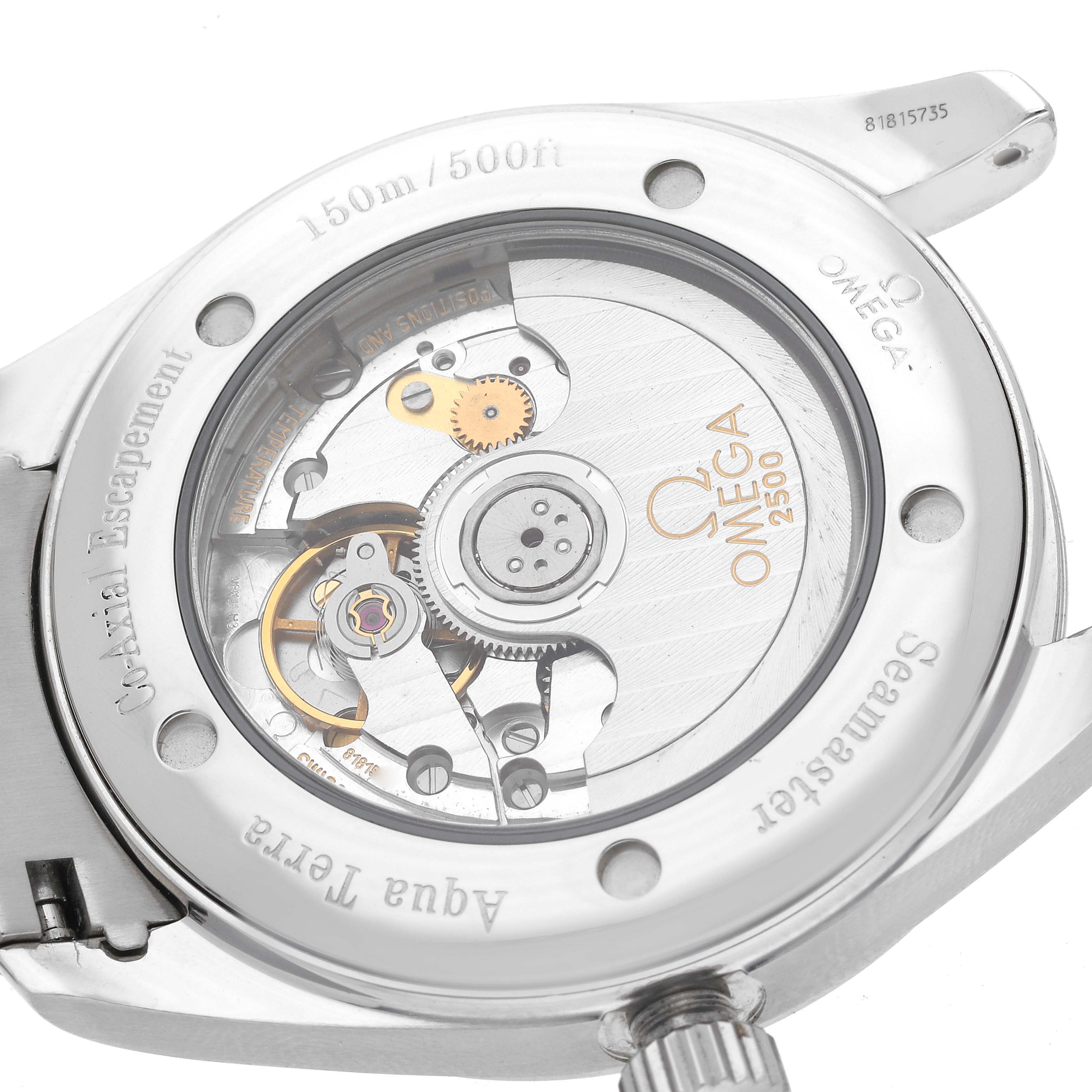 The image shows the back of an Omega Aqua Terra 2503.33.00 Men
s Stainless Steel Silver Dial 2503.33.00 Men
s Stainless Steel Silver Dial watch, featuring the internal movement through a transparent case back.